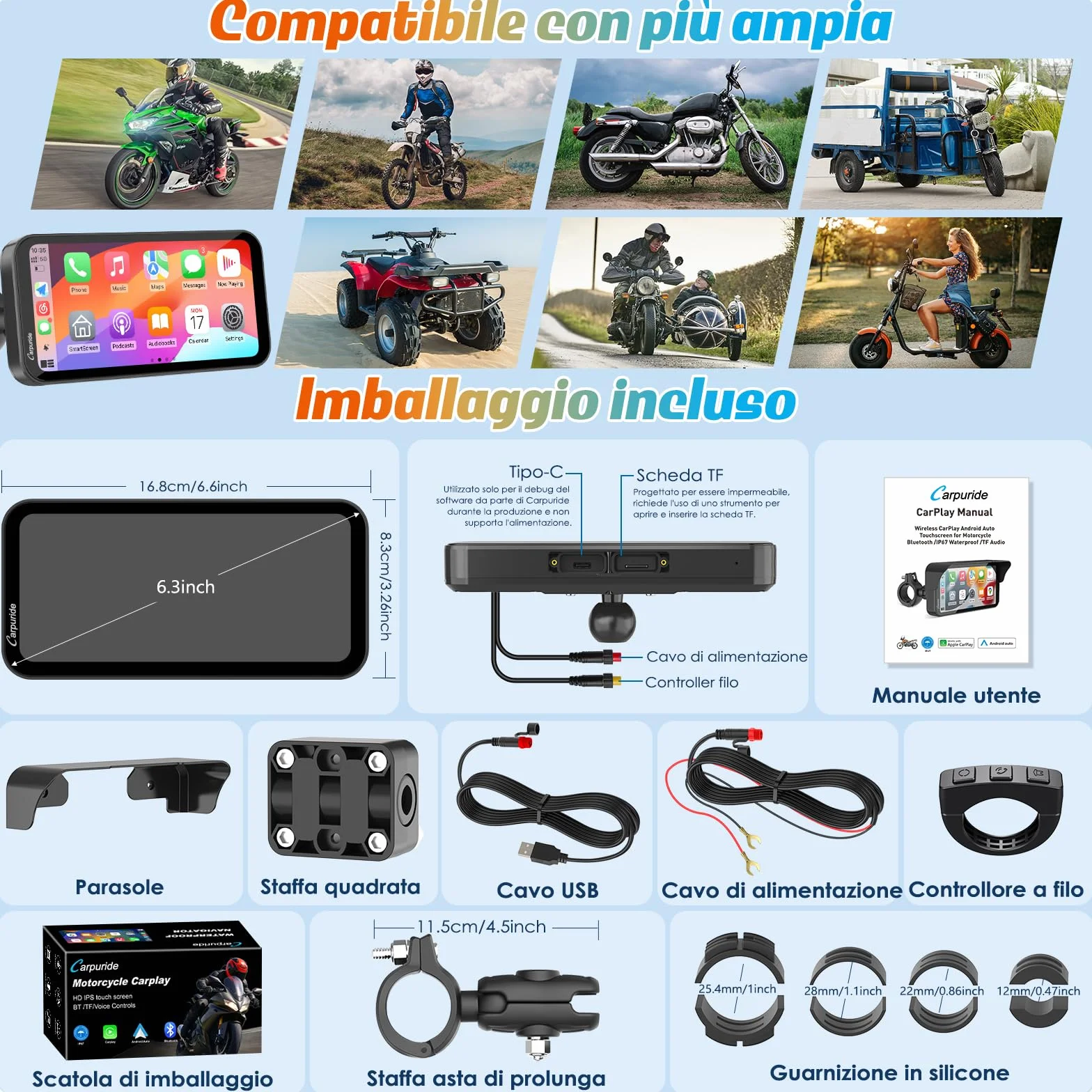Carpuride W603 Schermo Carplay per Moto, CarPlay Wireless e Android Auto per Moto, Telecomando, Touchscreen Impermeabile da 6,3", Audio BT, Navigazione GPS, Siri, Assistente G00gle