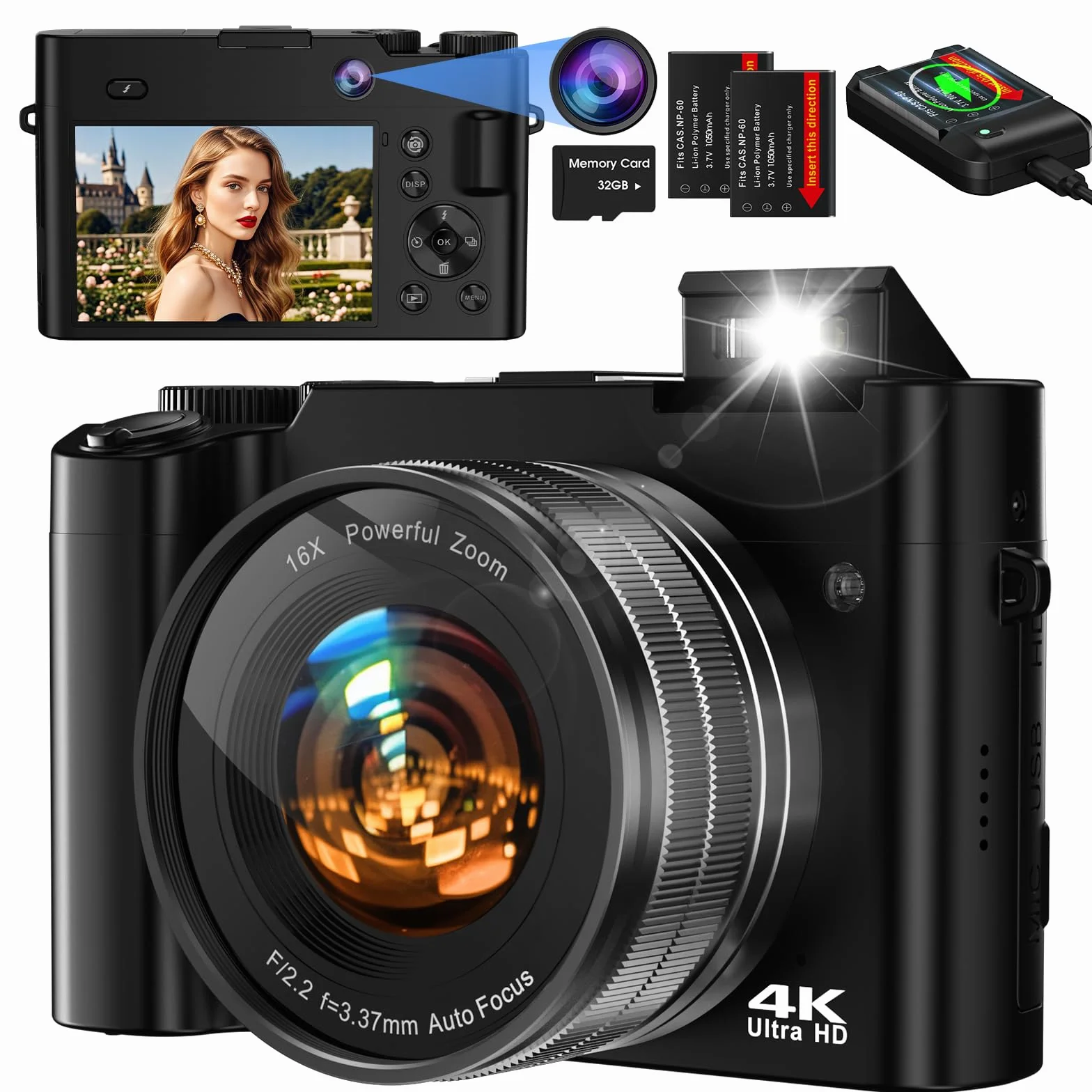 Fotocamera e digitale Bofypoo 64 MP autofocus Vlogging con doppia telecamera 4K, zoom digitale 16X, scheda memoria 32G