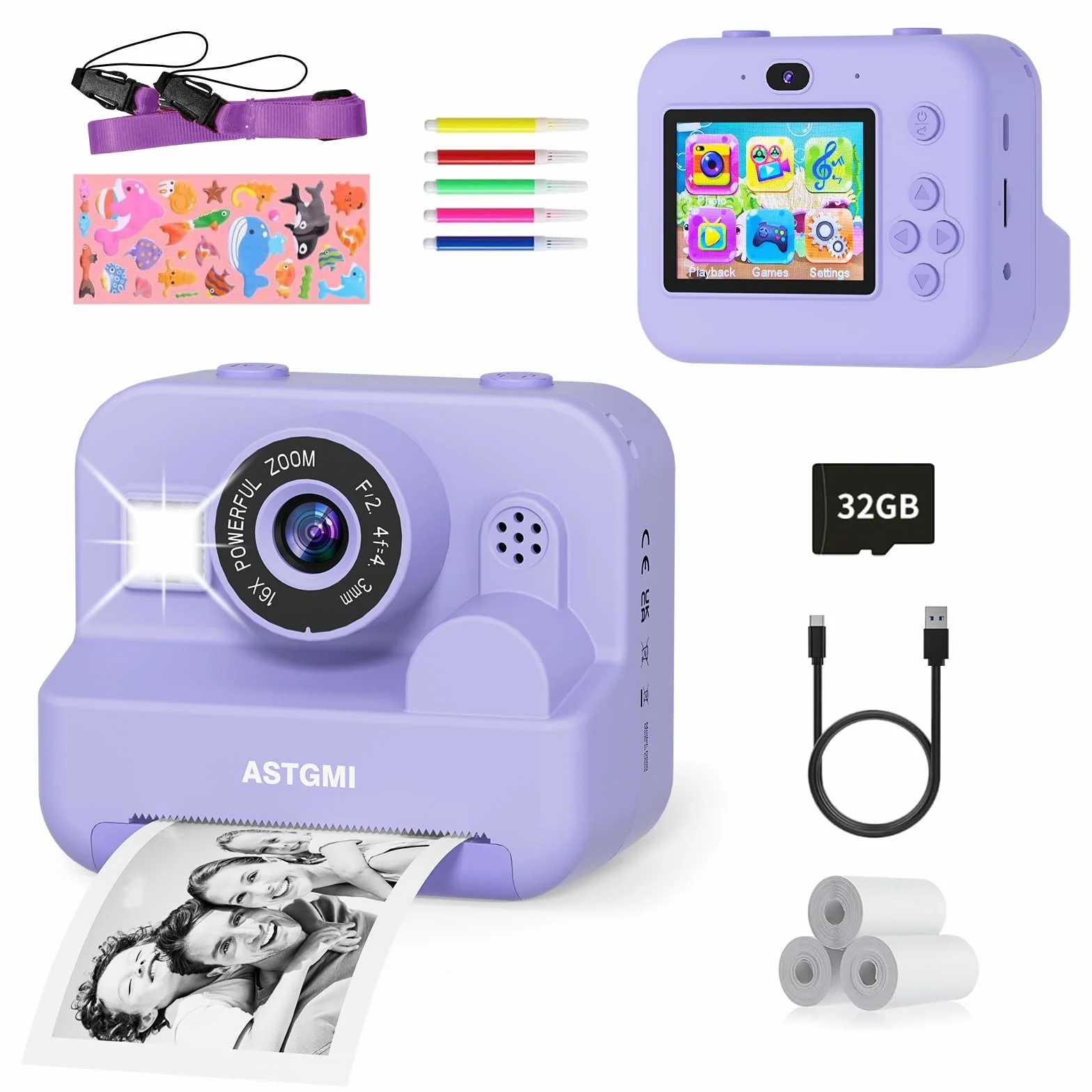Fotocamera istantanea per bambini con selfie, fotocamera per bambini, 1080P, stampa istantanea HD, regalo di compleanno, regalo di Natale, giocattolo a partire da 3, 4, 5, 6, 8, 7, 9, 10 anni (viola)