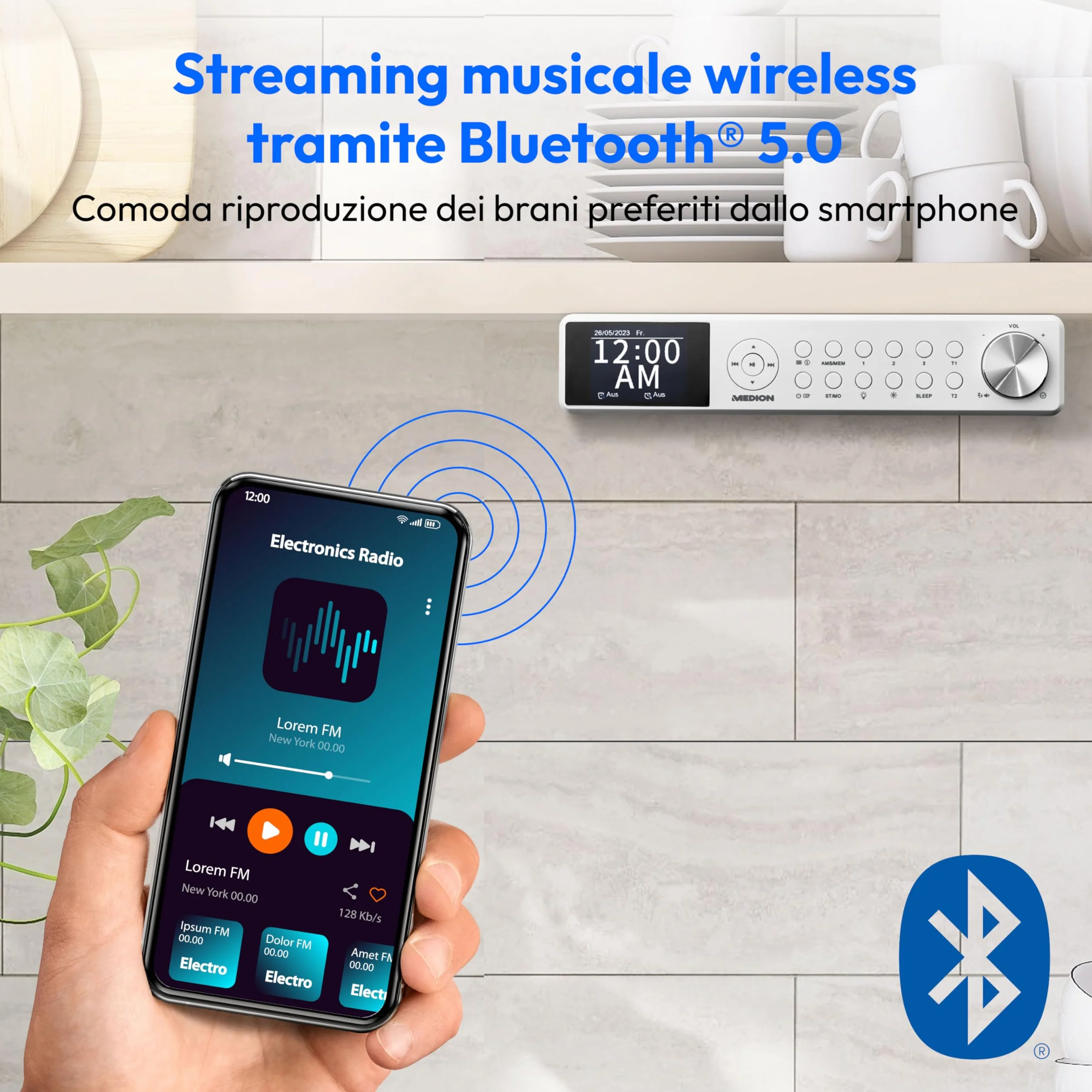 MEDION Radio da cucina sottopensile P66750 DAB+ FM TFT Bluetooth LED bianca