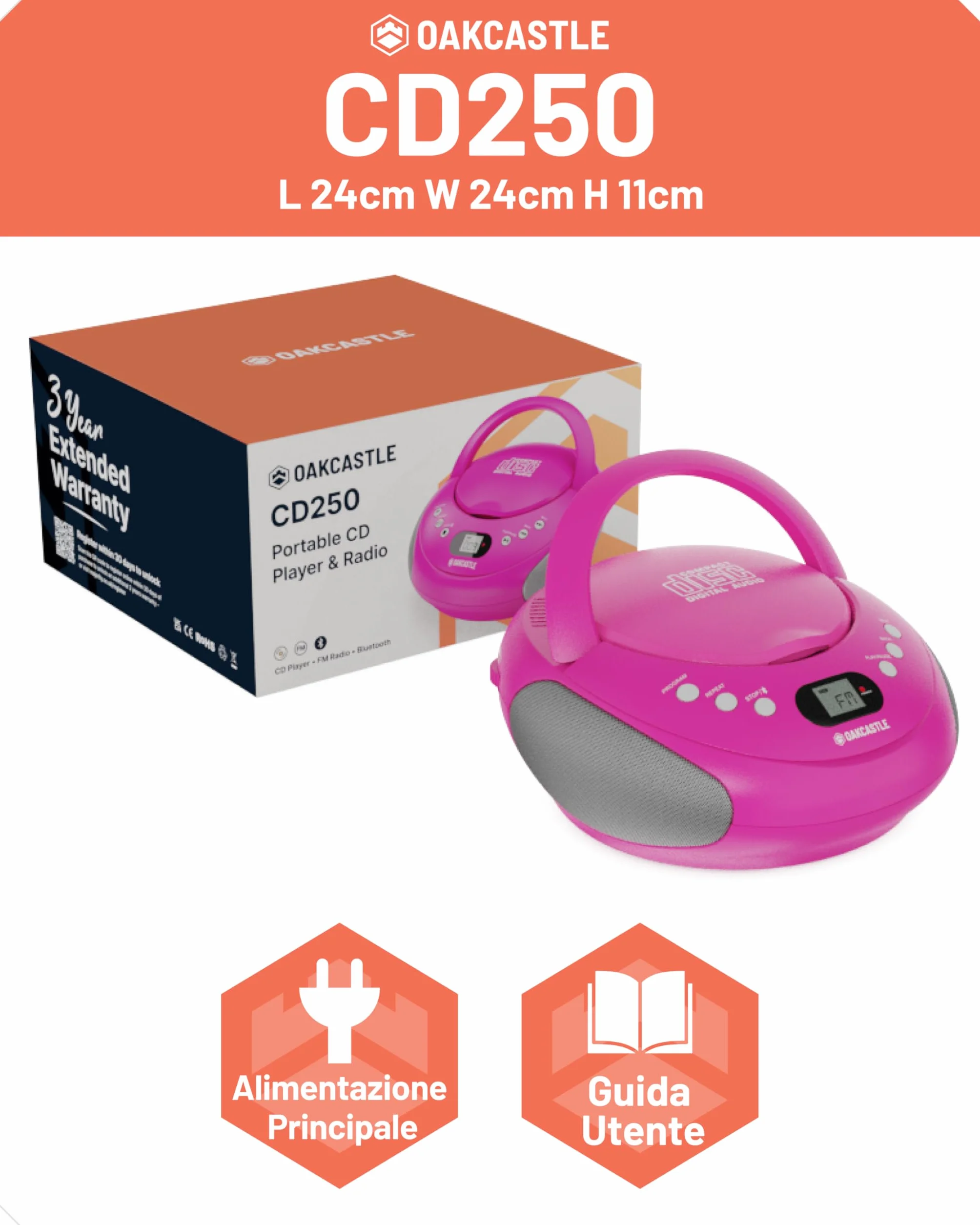 Lettore CD Portatile Bluetooth | FM Radio Stereo Casa | Radio Stereo Casa con Controlli Facili | 30 Preselezioni, Display a LED | Oakcastle Player (Rosa)