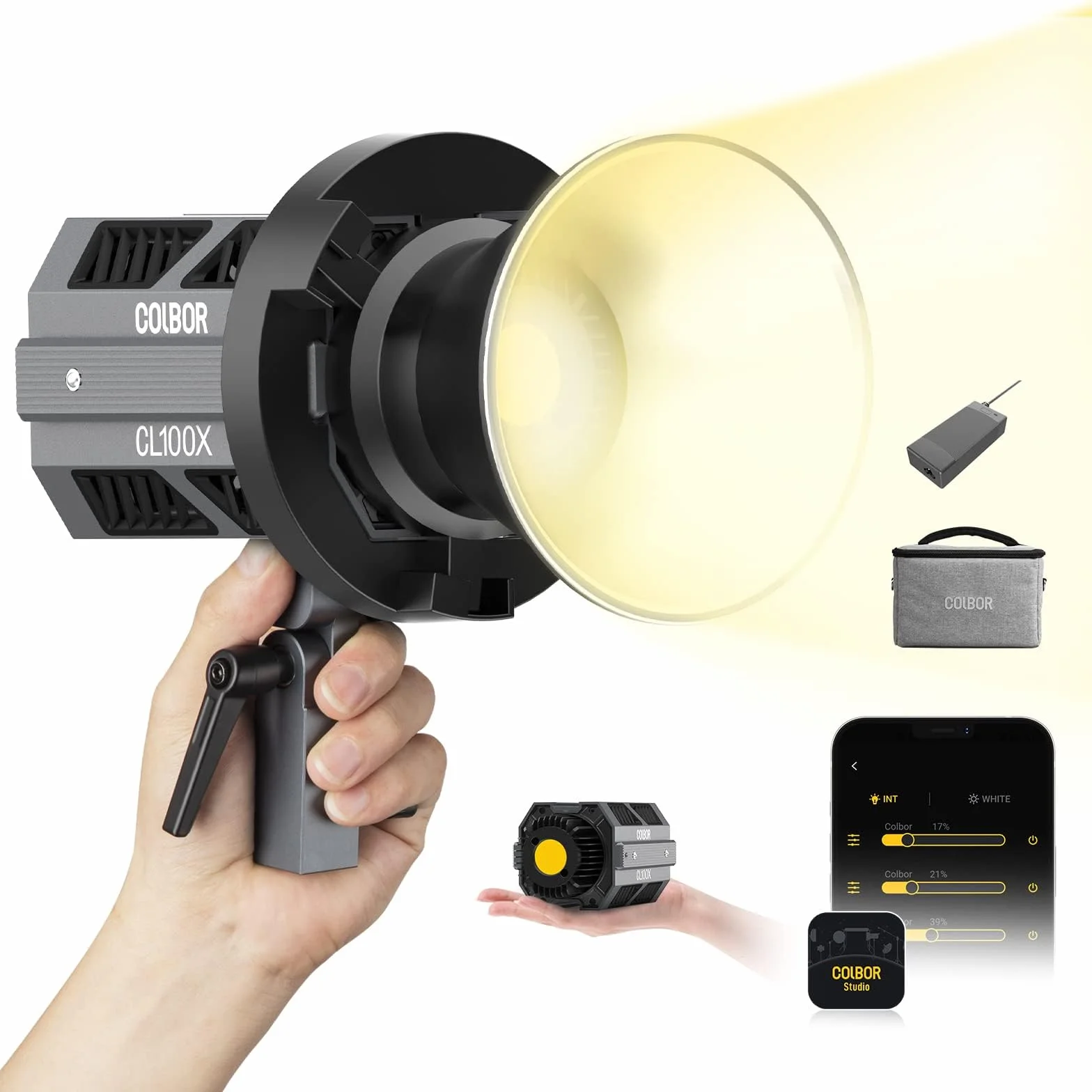 Luce Video, COLBOR CL100X 110W COB Video Light Bicolore 2700K-6500K Illuminazione Continua CRI97+ 10 Effetti di Luce Alluminio LED Lampada con APP Attacco Bowens, Luce-Video-Light-Studio-Monoluci