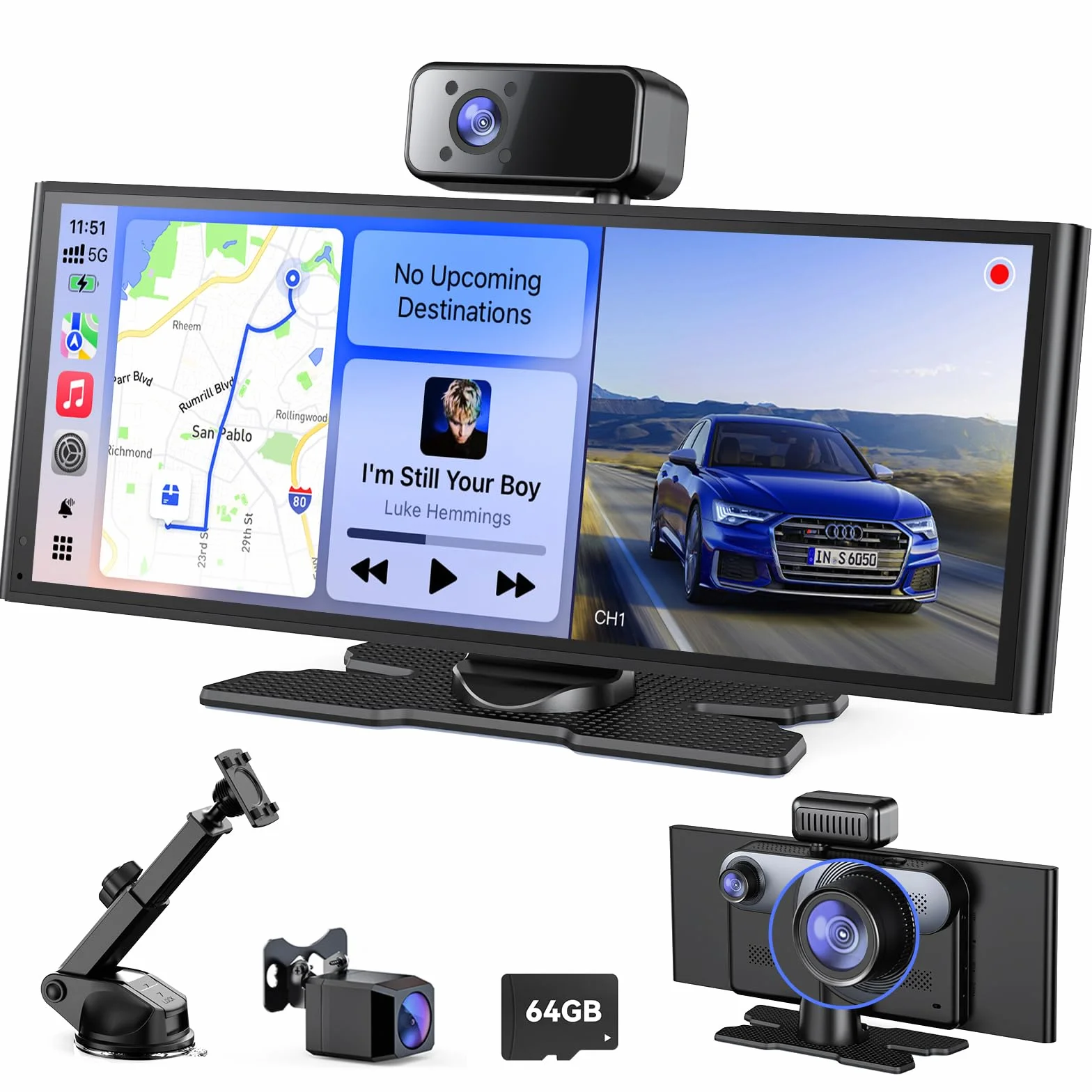 Avylet 10, 26" Carplay Auto con Schermo da 60 FPS, Android Auto con 3 Telecamere (Front Dash Cam, Rear, Internal), CarPlay Portatile con Navigazione OTA/GPS/Mirror Link/Controllo Vocale/Bluetooth/AUX