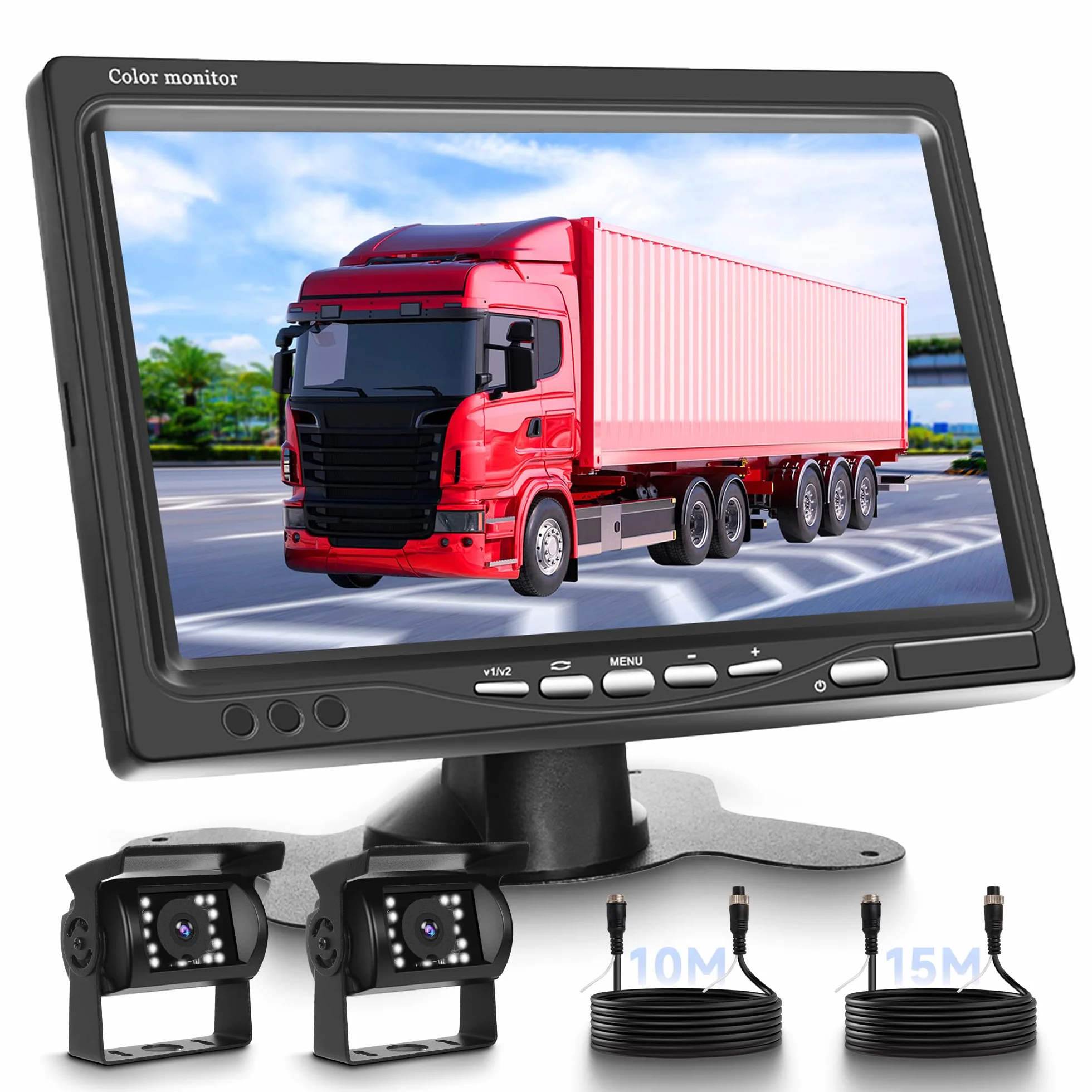 Telecamera Posteriore per Auto con 2 Telecamere, Monitor LCD da 7 Pollici Telecamera per Auto Kit,Impermeabile IP68,18IR Visione Notturna, 10M+15M Cavo Video per Auto/Bus/Camion/Camper/Furgone 12V-24V