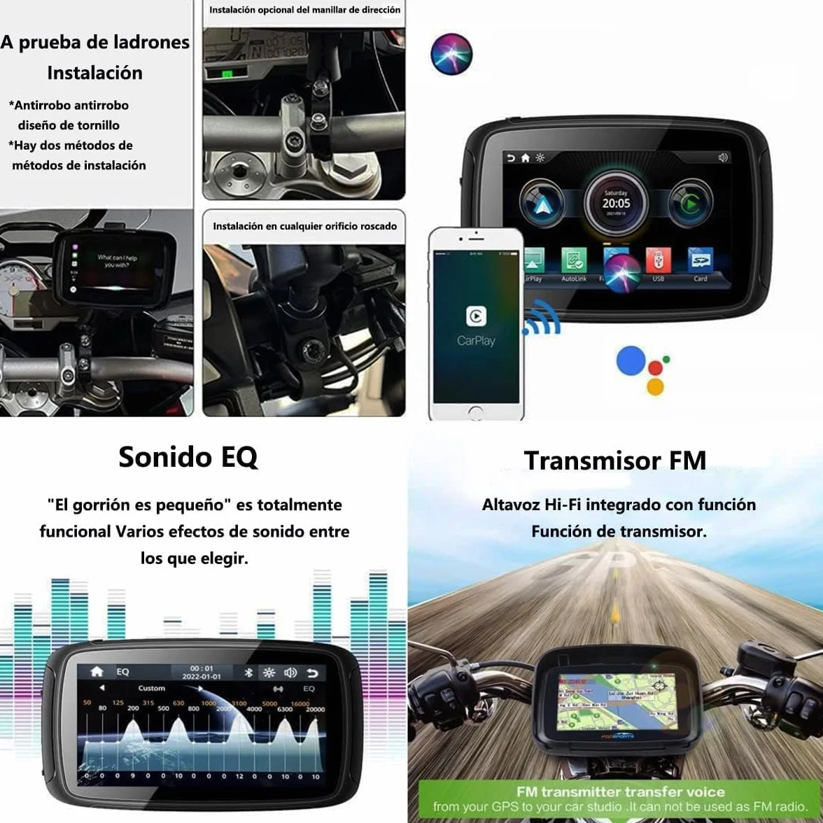 Navigatore Moto IPX7 Impermeabile 5" Touch Screen HD Carplay Wireless Android Auto Supporto