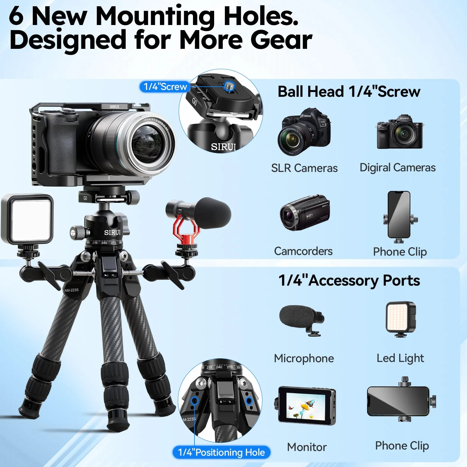 SIRUI AM-223S+G0 Mini treppiede per fotocamera in fibra di carbonio - ultraleggero 0,8 kg, altezza massima 42,4 cm, treppiede da tavolo con testa a sfera panoramica a 360°, supporto resistente fino a
