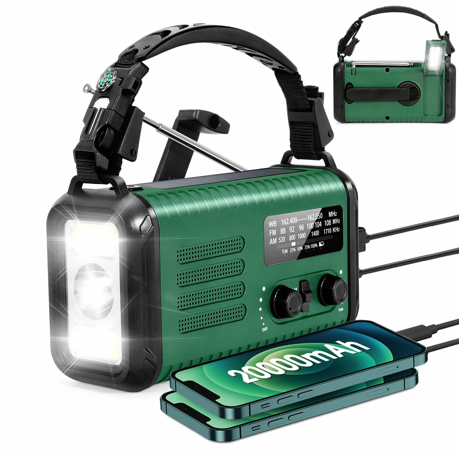 Radio di emergenza 20000 mAh AM/FM/NOAA a manovella solare con caricabatterie e torcia SOS