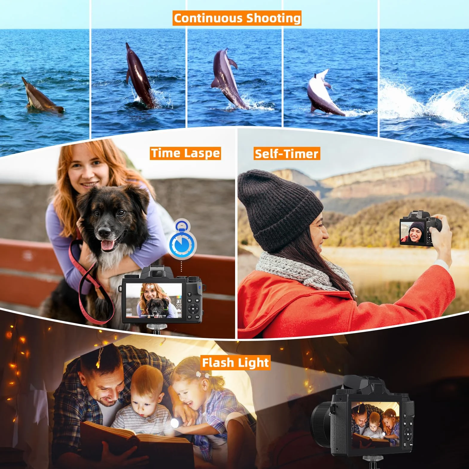 Fotocamera digitale 4K, CCN 64MP Fotocamera con schermo touchscreen da 3,0", fotocamera compatta con zoom digitale 16X e funzione WiFi, con cappuccio per borsa fotografica, scheda TF da 32 GB, nero