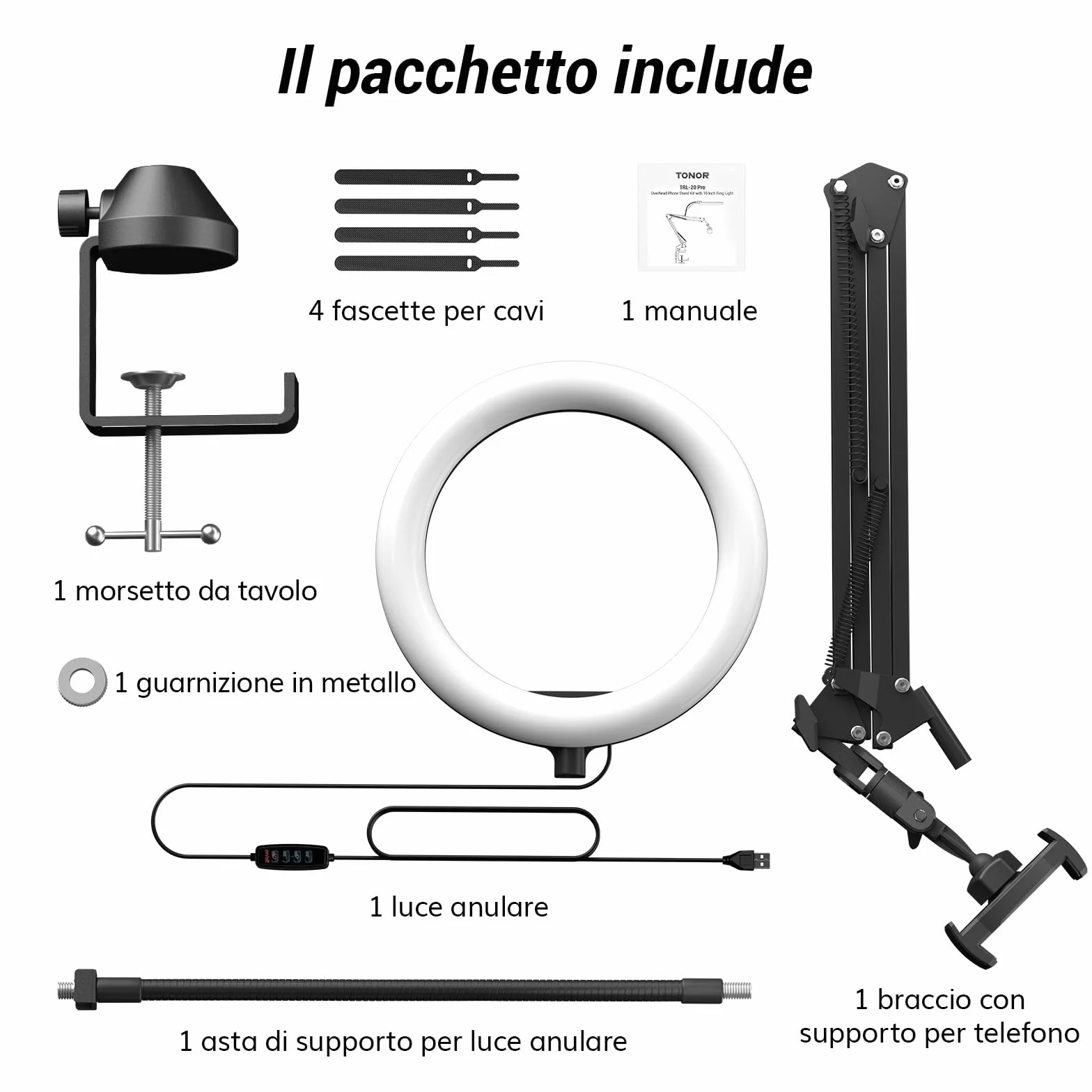 Kit luce anulare TONOR, luce anulare da 10" con braccio Heayy Duty e supporto per telefono, angolo regolabile, adatta per registrazione video, streaming live, disegno, trucco per unghie
