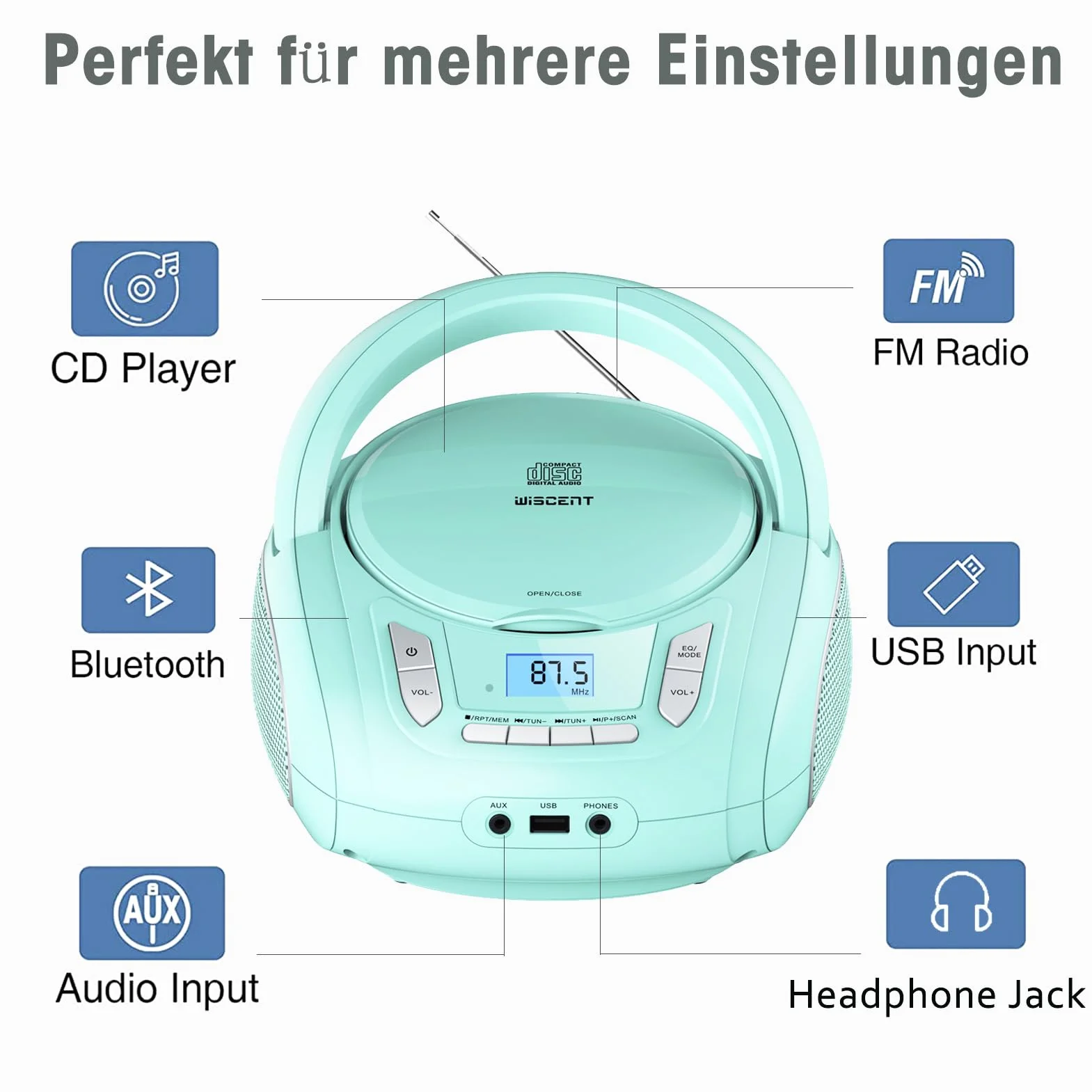 Lettore CD radio compatto con Bluetooth, radio FM, USB, AUX, jack per cuffie, CD-MP3, portatile Boombox (verde)