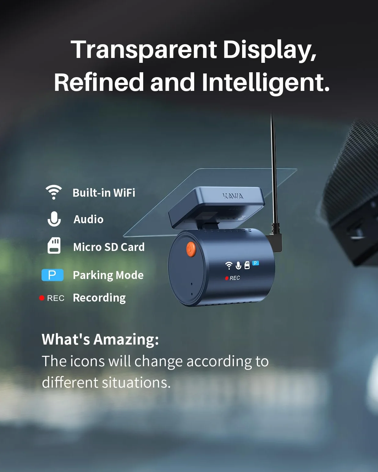 KAWA Dash Cam Auto - Display Trasparente con Controllo Vocale, 2K1296P Piccola Telecamera,Visione Notturna, 145° FOV, Supercondensatore, Include SD 32GB, Sensore G, Controllo App