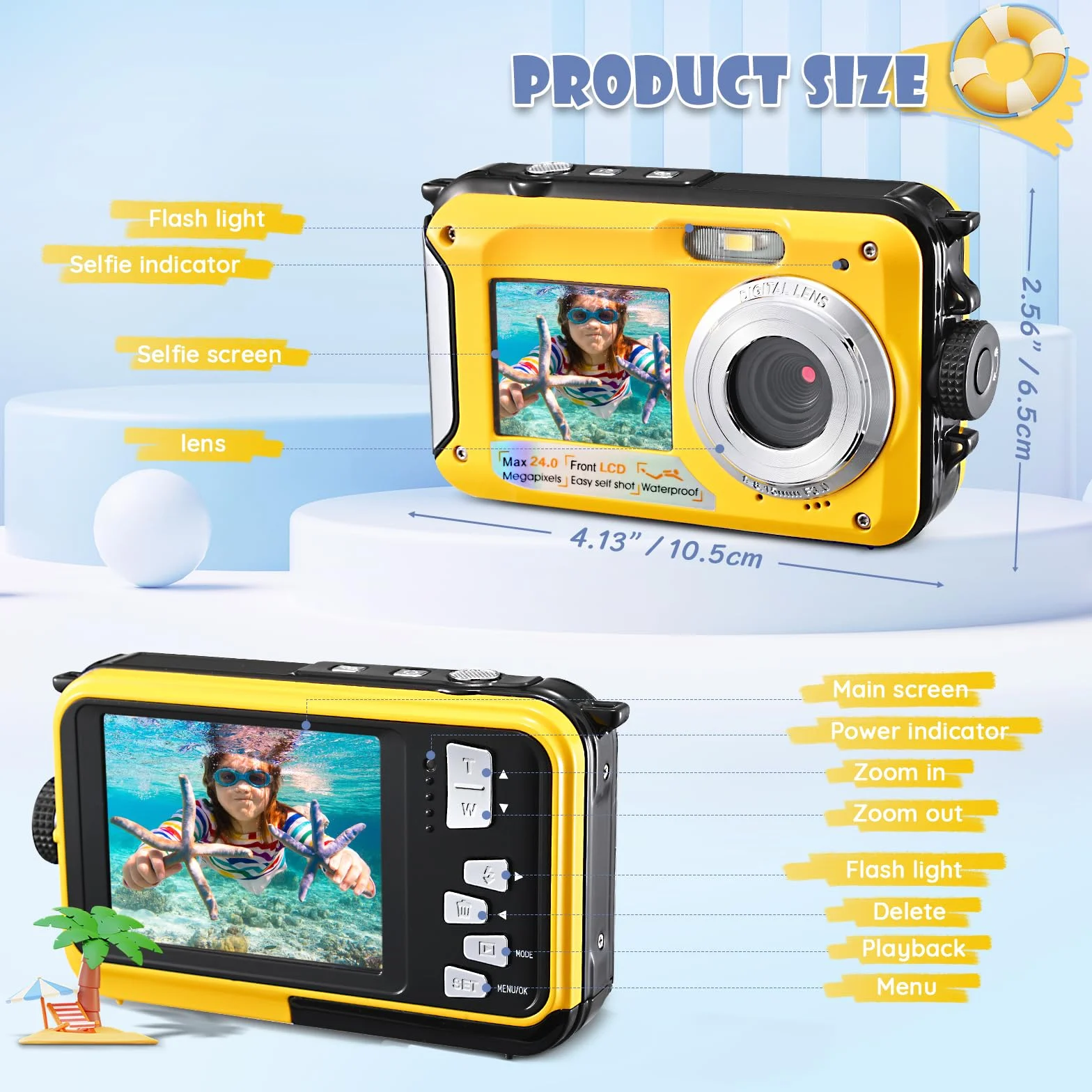 Fotocamera Digitale Impermeabile,Couleeur Macchina Fotografica Subacquea Full HD 2.7K 48MP Doppio Schermo Anti-Shake con Microfono LED Autoscatto e Zoom Digitale 16X per Bambini Adolescenti(giallo)