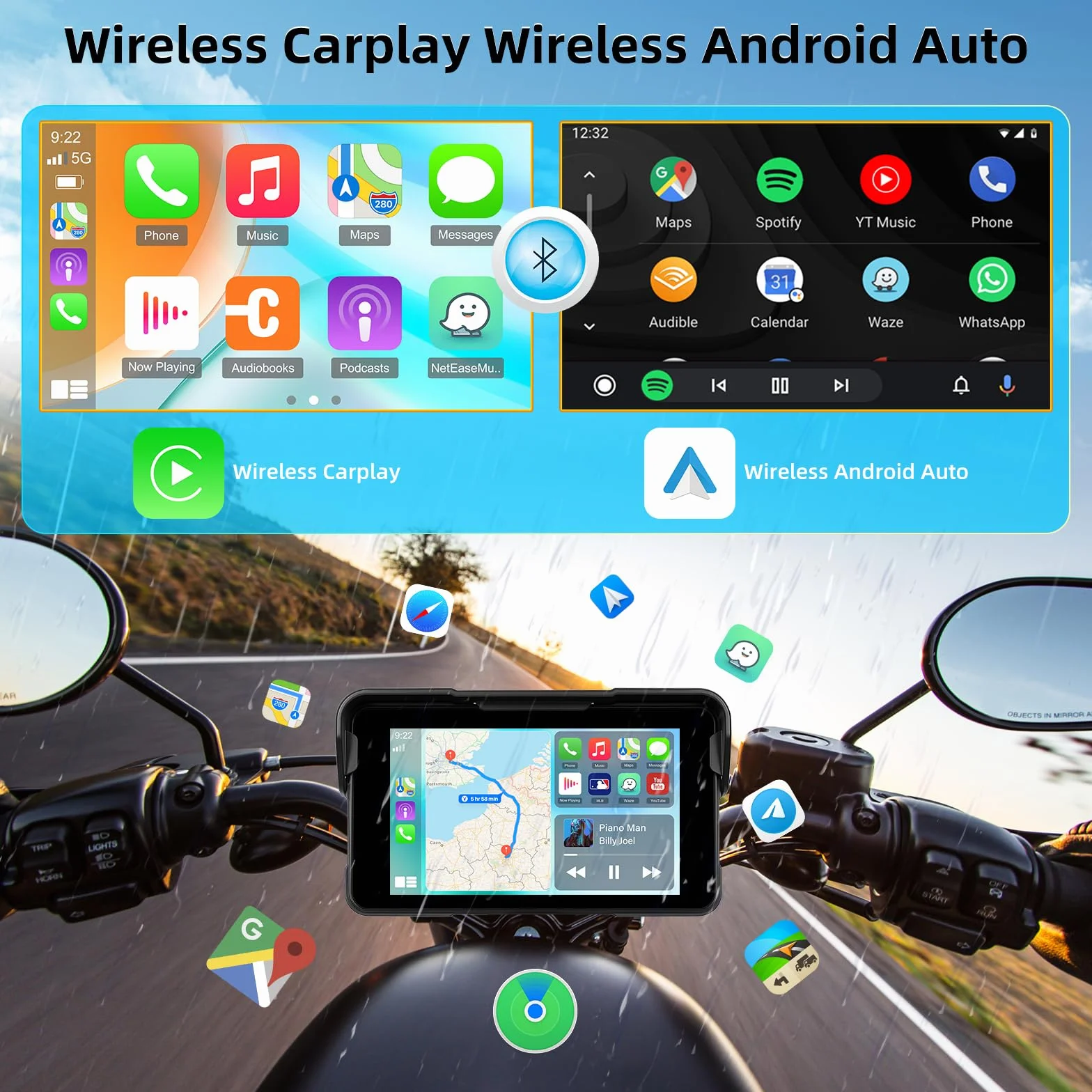 Schermo Carplay Portatile per Moto, Carplay Wireless e Android Auto per Moto, Schermo Touchscreen Impermeabile IP68 da 5 Pollici per Moto, Supporto GPS, Mirror Link, Bluetooth, Porta TF