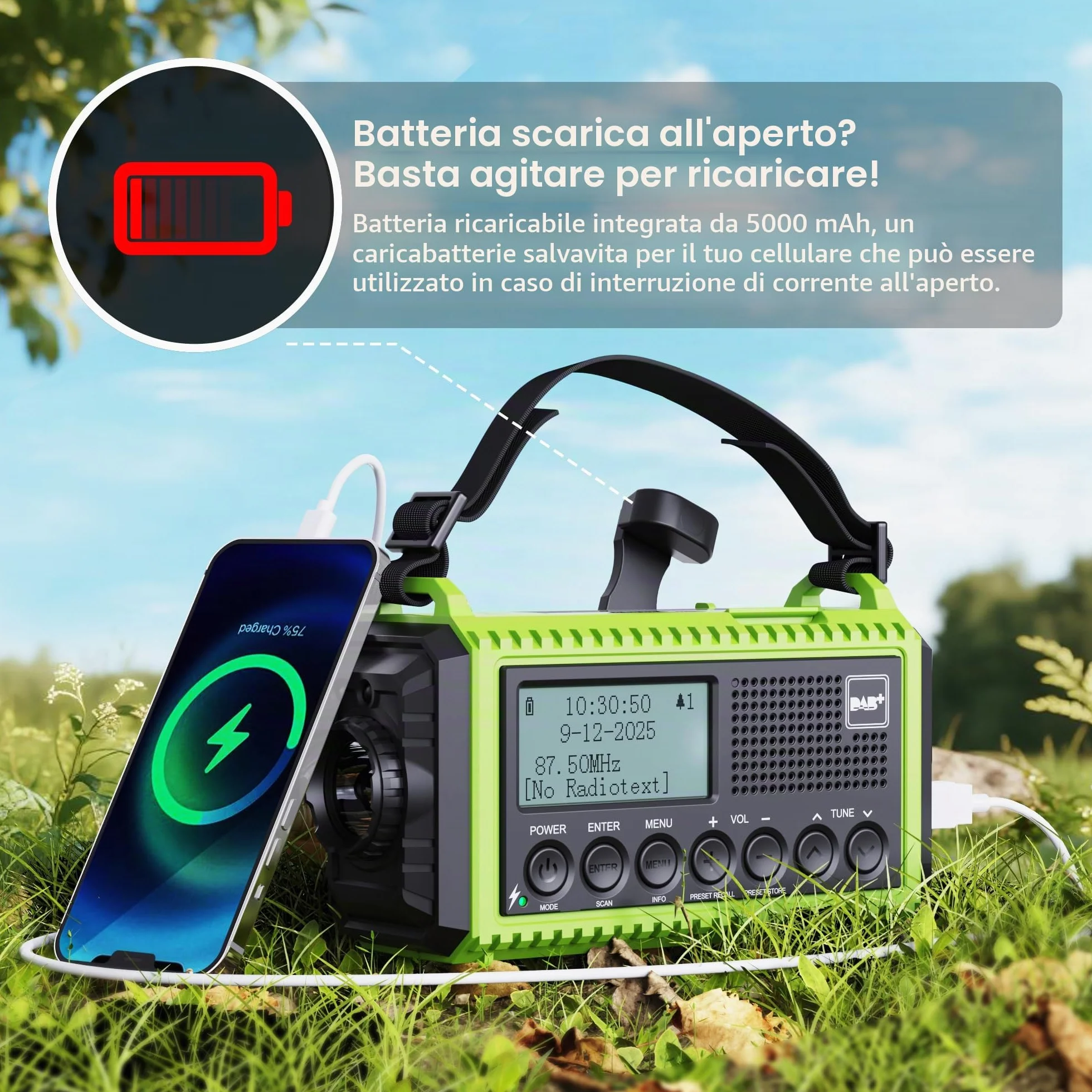 DAB/DAB+/FM radio portatile, Solare Radio a Manovella, Batteria Ricaricabile 5000 mAh, Torcia a LED e Luce di Lettura, Allarme SOS, Impermeabile IPX4, per Escursioni, Campeggio, Emergenza