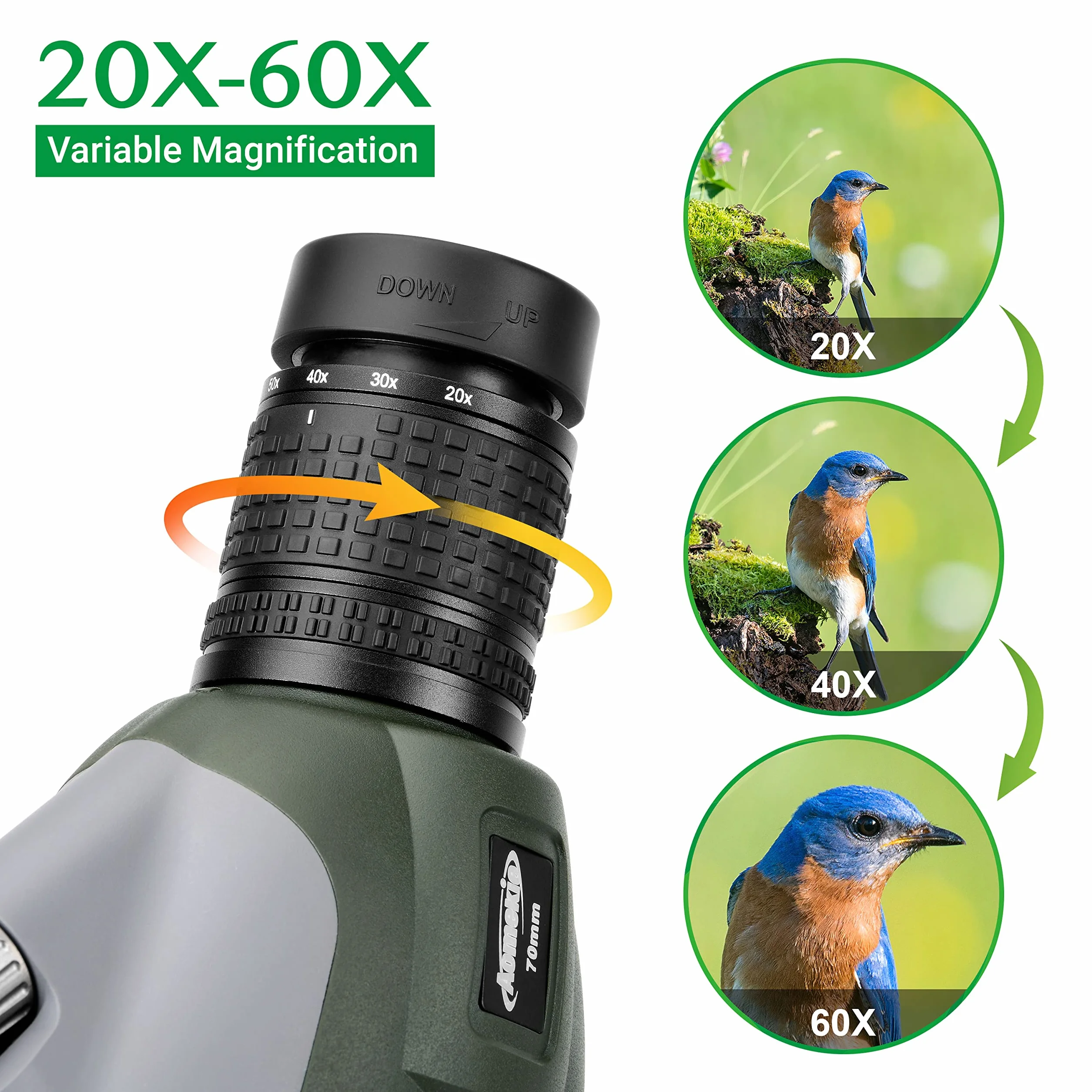 Aomekie 20-60x70 Cannocchiale Spotting Scope Zoom con Treppiede Regolabile Leggero e Adattatore per Telefono. Telescopio Terrestre Portatile Ideale per Osservazione Fauna Selvatica e Tiro al Bianco