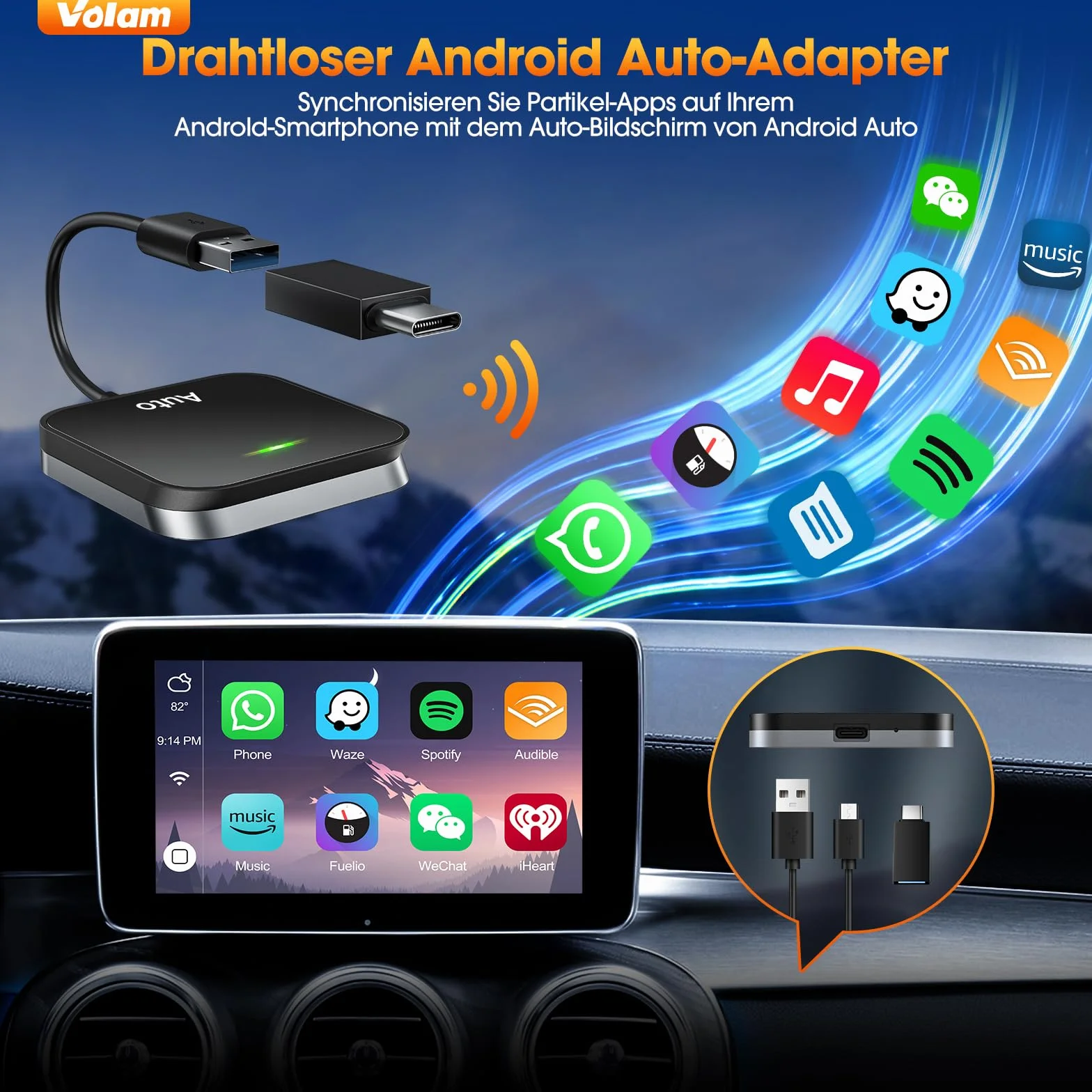 Volam Adattatore Wireless per Android Auto, Converti Wired in Wireless, Plug & Play Senza Latenza Per A-ndroid 11+, dal 2016 al 2020
