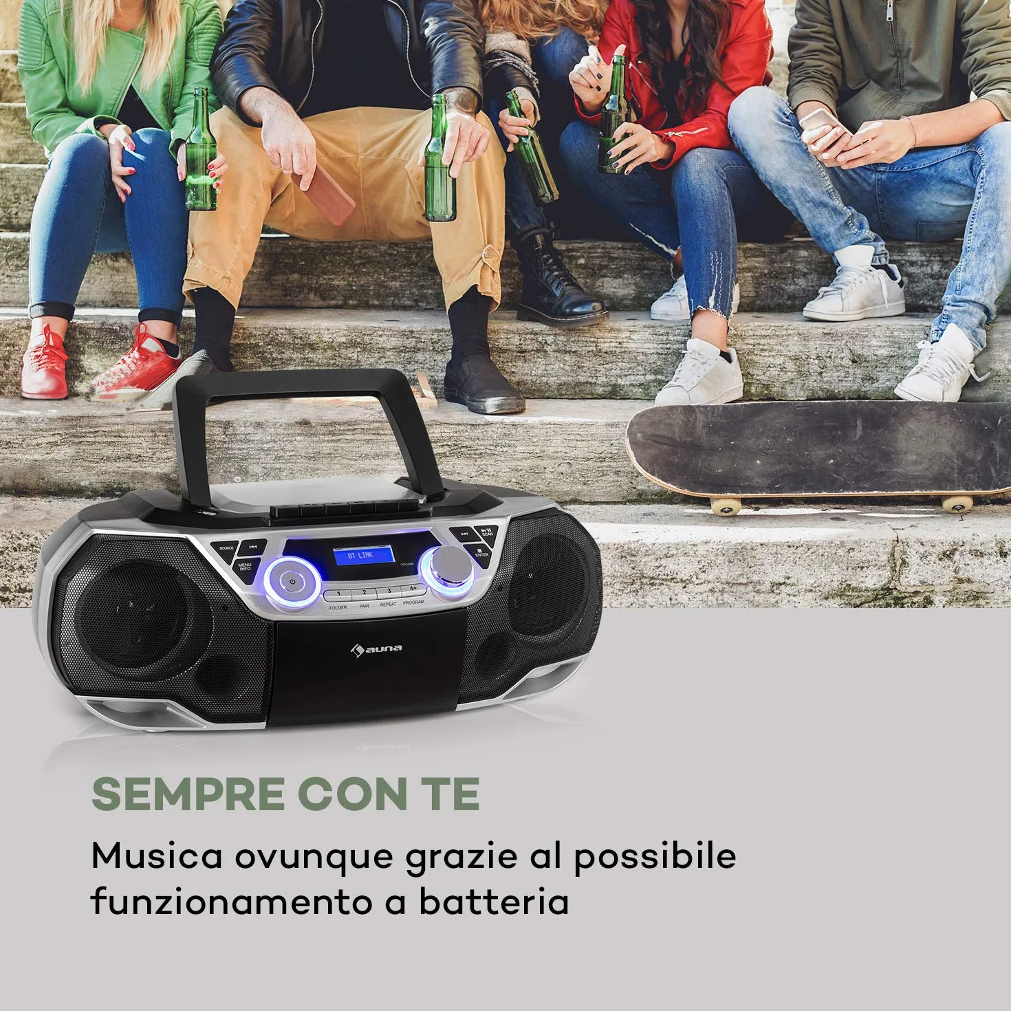 auna Roadie 2K - Boombox, Radio DAB+/FM, Lettore CD, CD-R/CD-RW/CD-MP3, Radiocassette, Portatile, USB, MP3/WMA, Bluetooth 5.0, AUX, Alimentazione a Corrente e Batteria, Argento