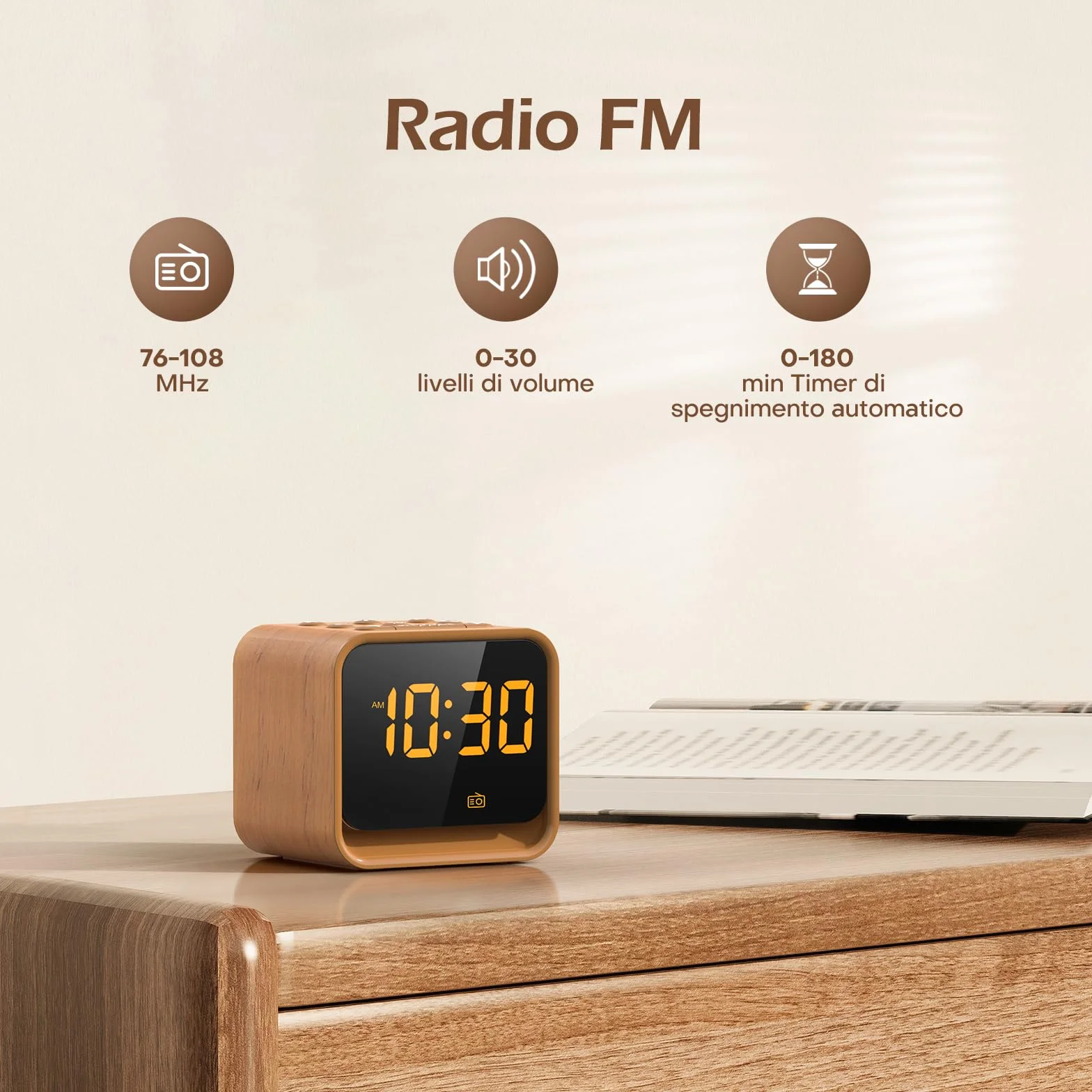 Reacher Radiosveglia Digitale FM, Macchina del Rumore Bianco, 24 Suoni Rilassanti, Display Regolabile, 7 Colori Luce Notturna, Timer, Snooze