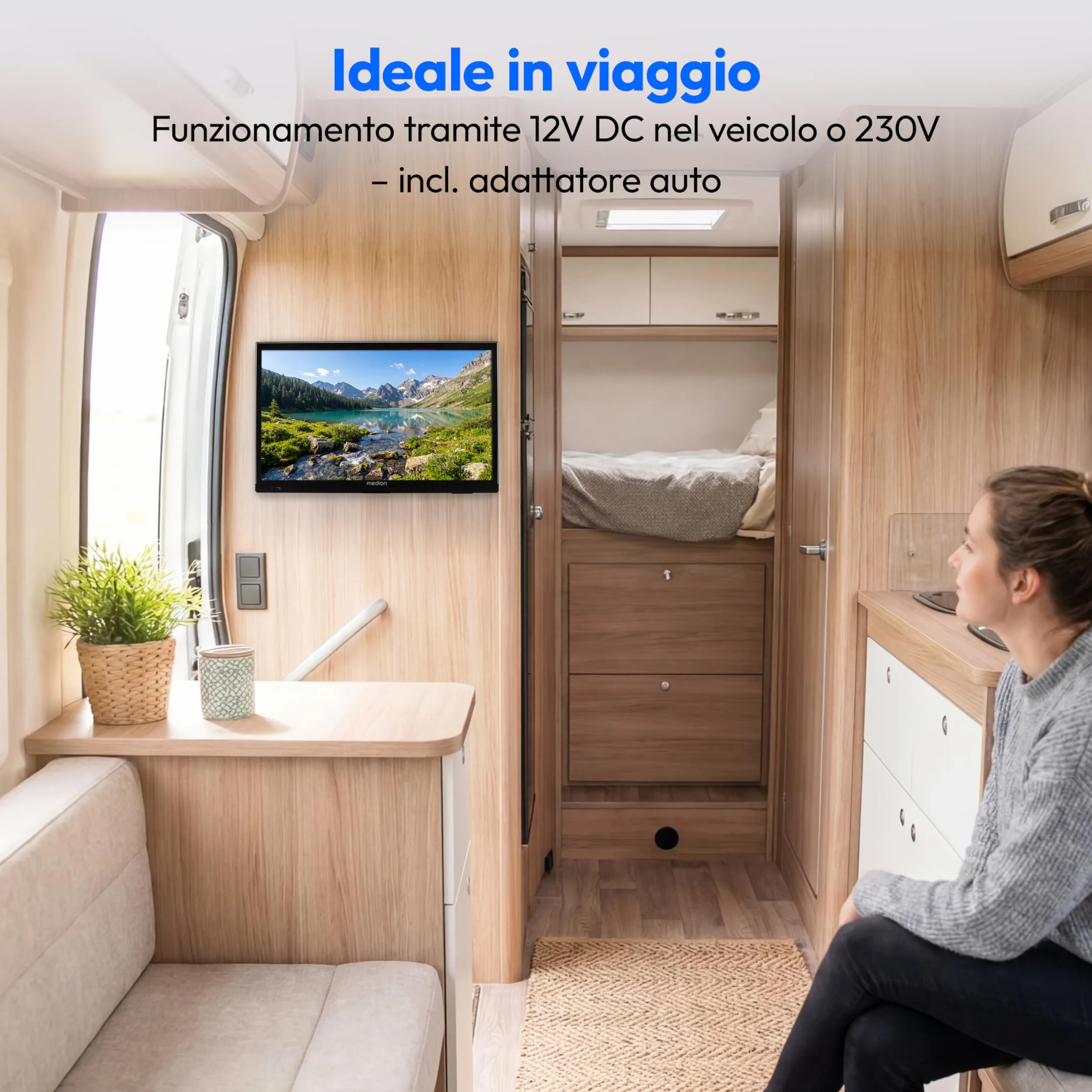MEDION TV 19 pollici (47 cm) HD TV (perfetto per campeggio, camper, camion, giardino, adattatore per auto da 12 V, DVB-T2 HD, DVB-C, DVB-S2, HEVC, HDMI, USB, MD 819000)