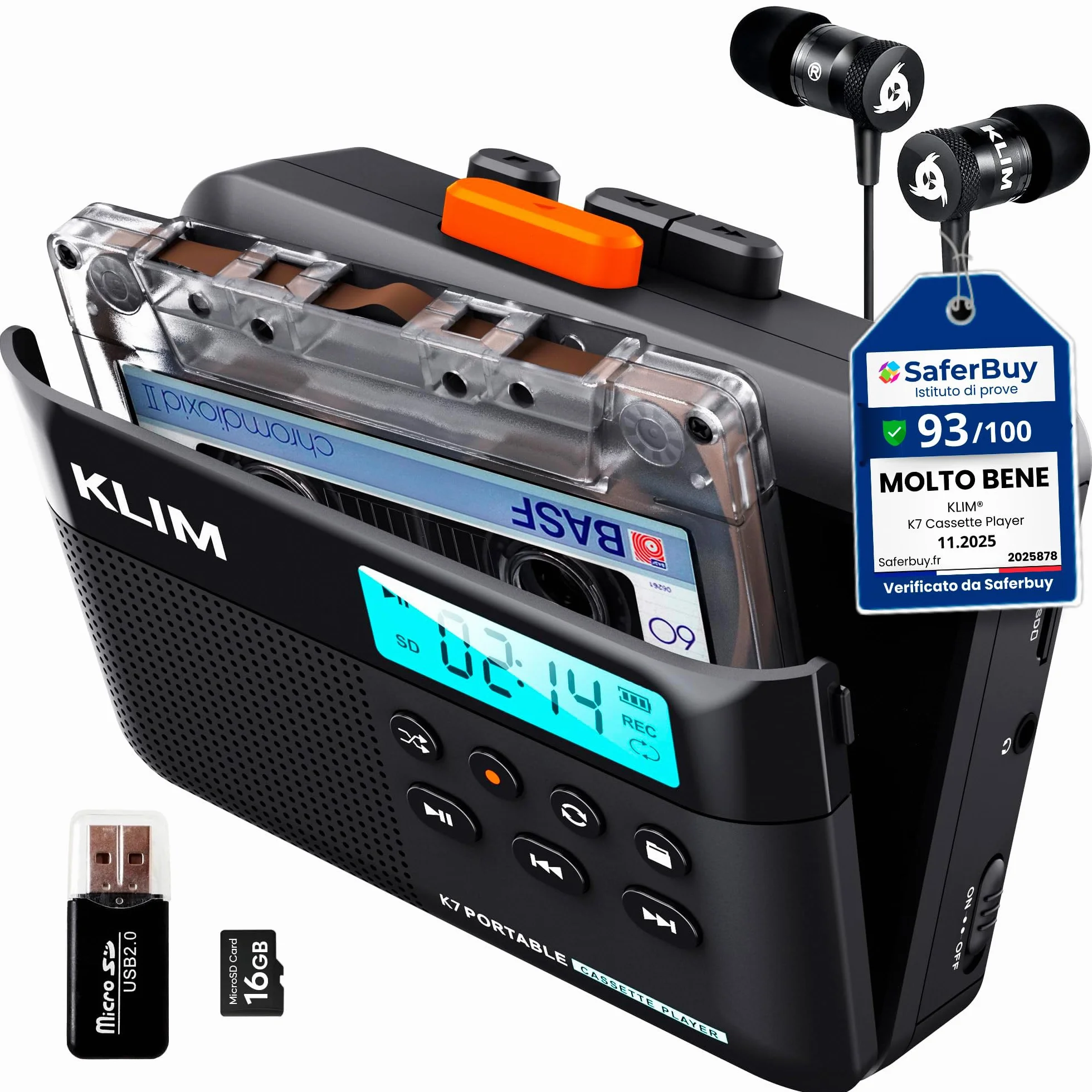 K7 Cassette Player MP3 Converter Portatile con Microfono e Altoparlante Incorporati Batteria Ricaricabile Auricolari Scheda SD 16 GB Nero Arancione