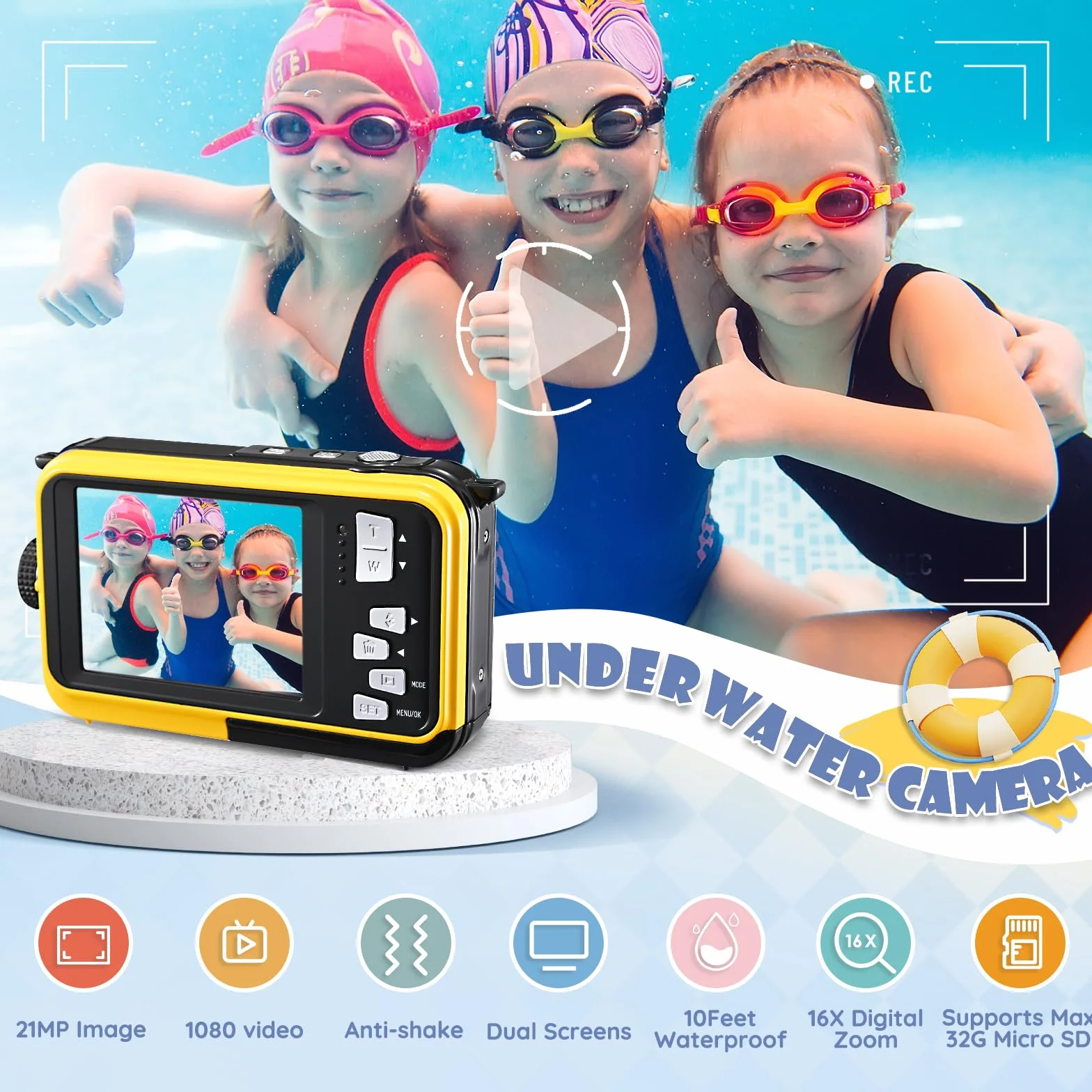 Fotocamera Digitale Impermeabile,Couleeur Macchina Fotografica Subacquea Full HD 2.7K 48MP Doppio Schermo Anti-Shake con Microfono LED Autoscatto e Zoom Digitale 16X per Bambini Adolescenti(Giallo)