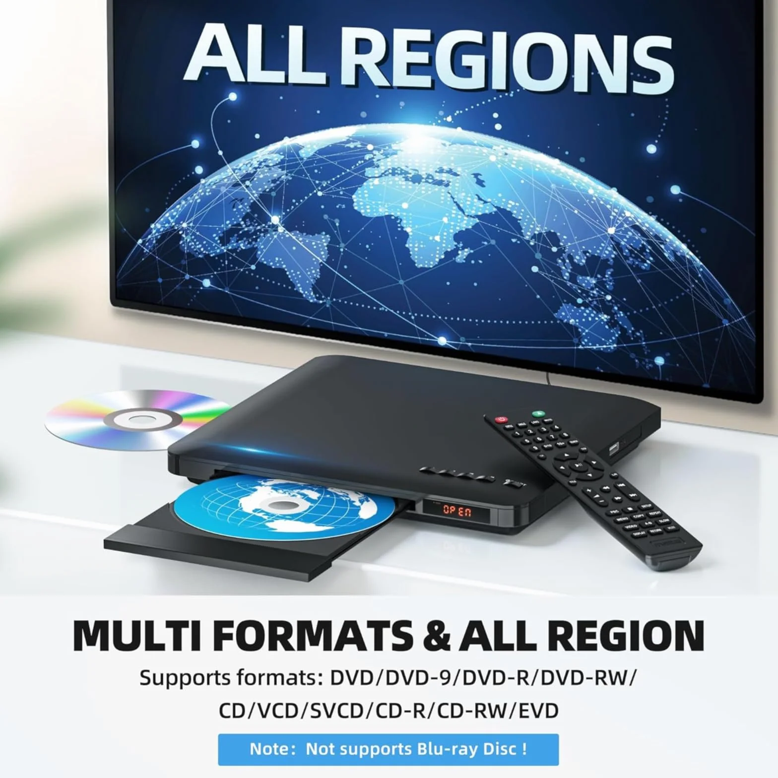 Lettore DVD per TV con uscita HDMI RCA, lettore DVD-CD per tutte le regioni con scalatura, HD 1080P, ingresso USBA, sistema NTSC/PAL integrato. Sistema, cavo HDMI e adattatore in dotazione