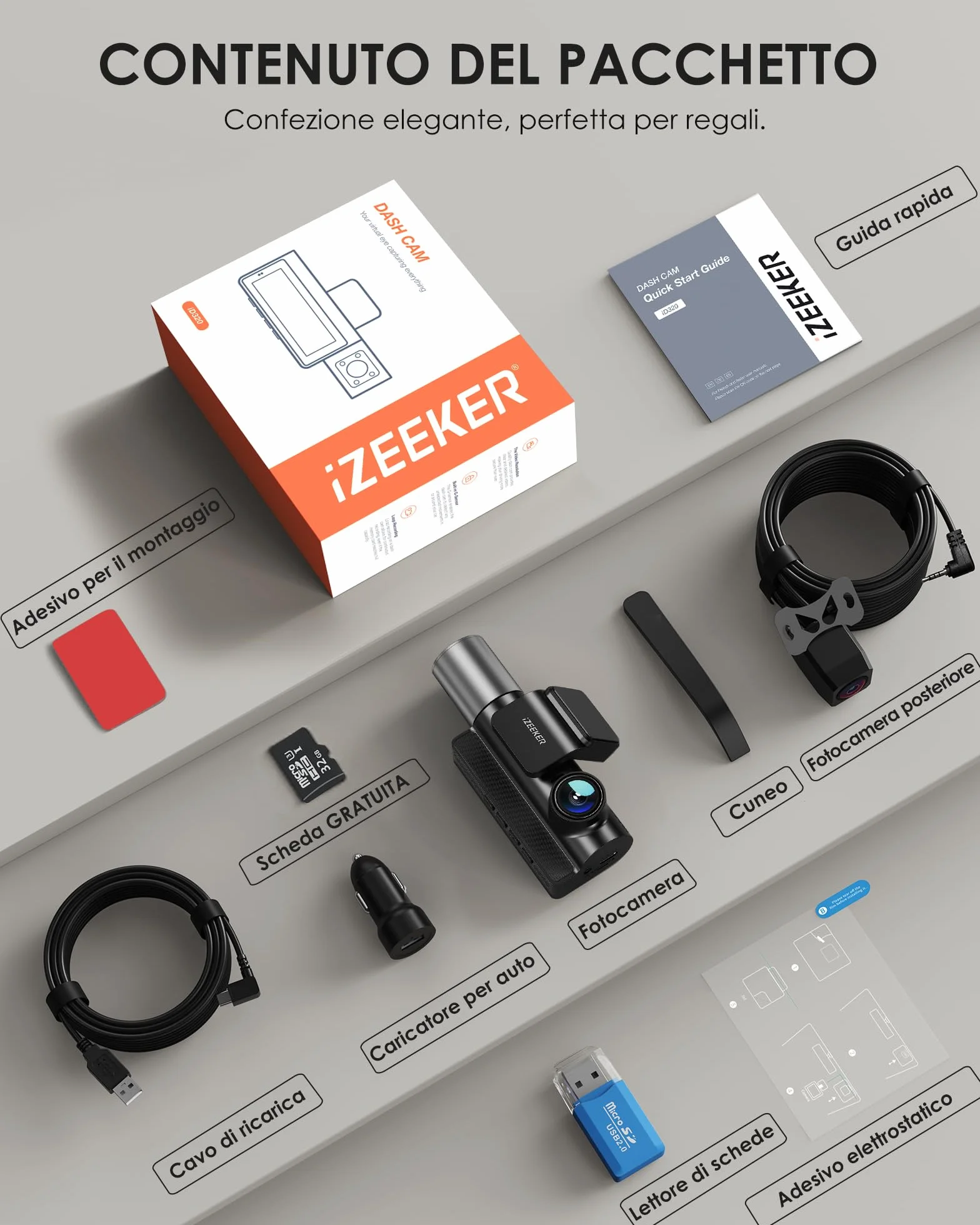 iZEEKER Dash Cam 3 Canali 4K con Scheda da 32GB GRATUITA, 4K+1080P+1080P Anteriore,Posteriore e Interna con WDR, WiFi 6, Angolo Larghezza 170°,Registrazione in Loop,Sensore G,Modalità Parcheggio 24H