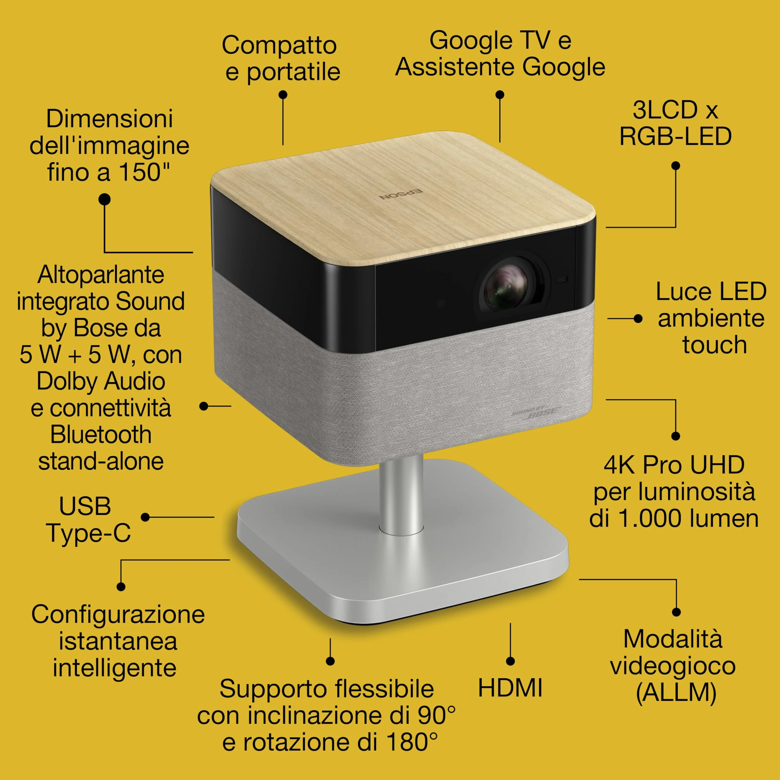 Epson Lifestudio Plus EF-72 | Videoproiettore per Smart TV portatile 4K PRO-UHD | 1.000 lumen | 3LCD x RGB-LED | Sound by BOSE| Google TV | Configurazione semplice | Display 150'' | Garanzia 5 anni