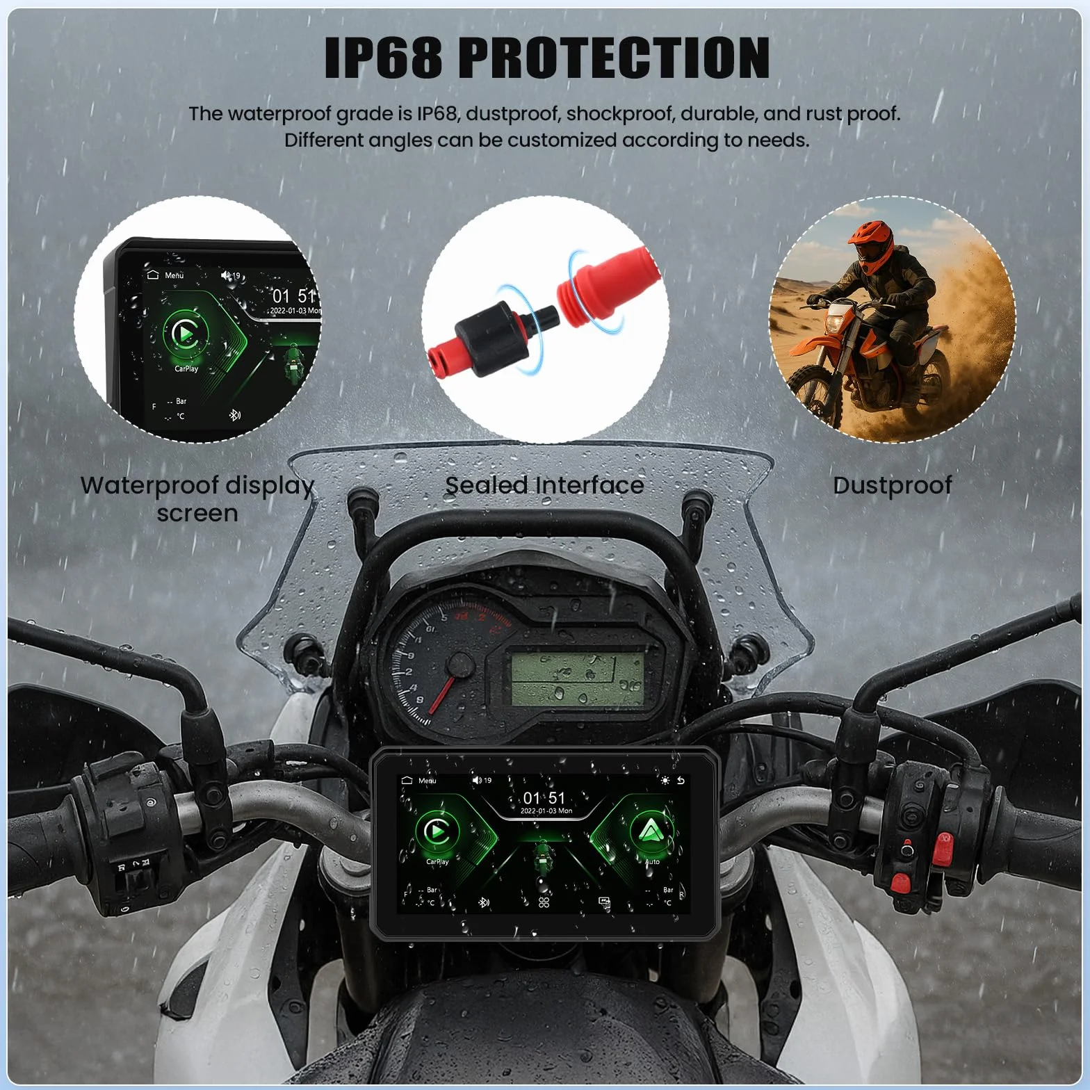 Schermo portatile Moto Carplay 6 pollici IP68 GPS Bluetooth Wireless CarPlay Android Auto TPMS