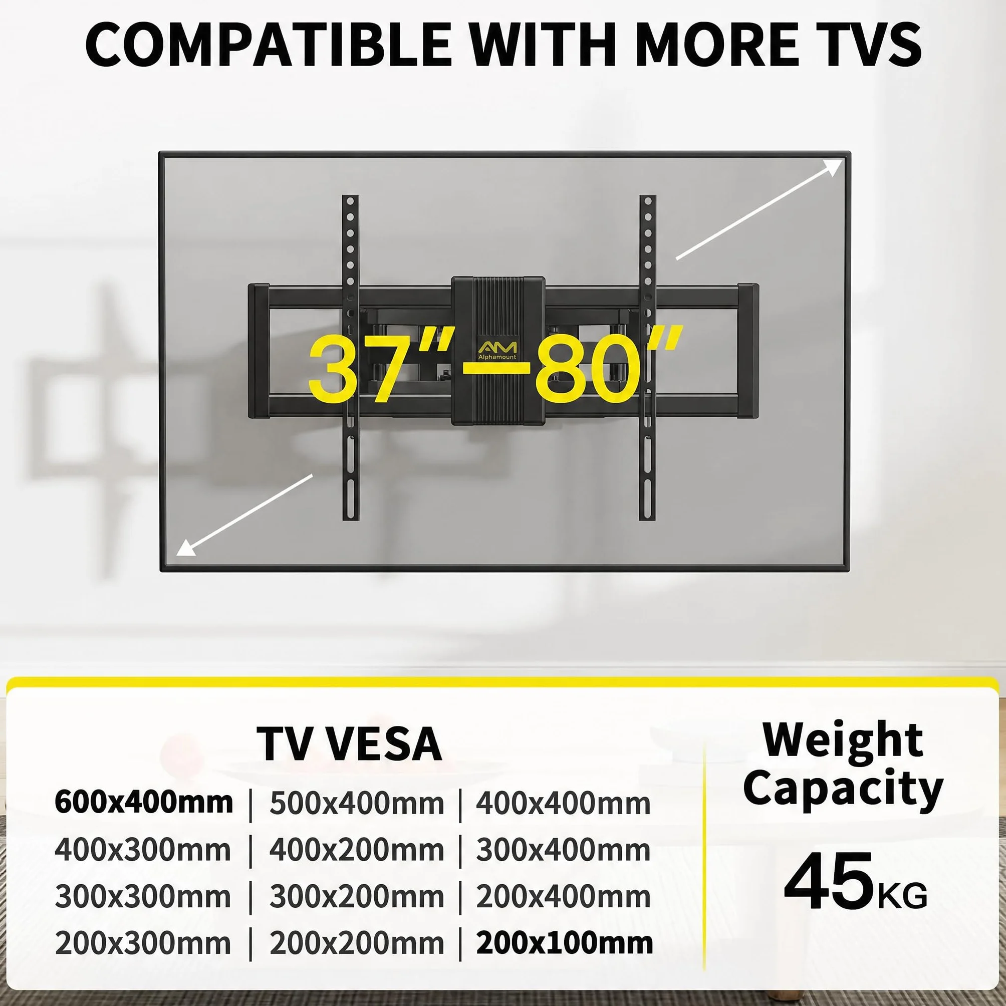 Alphamount Supporto TV Parete 37-80 Pollici 45 kg, Staffa TV Girevole Estensione Inclinazione, VESA 600x400 mm, APLF6