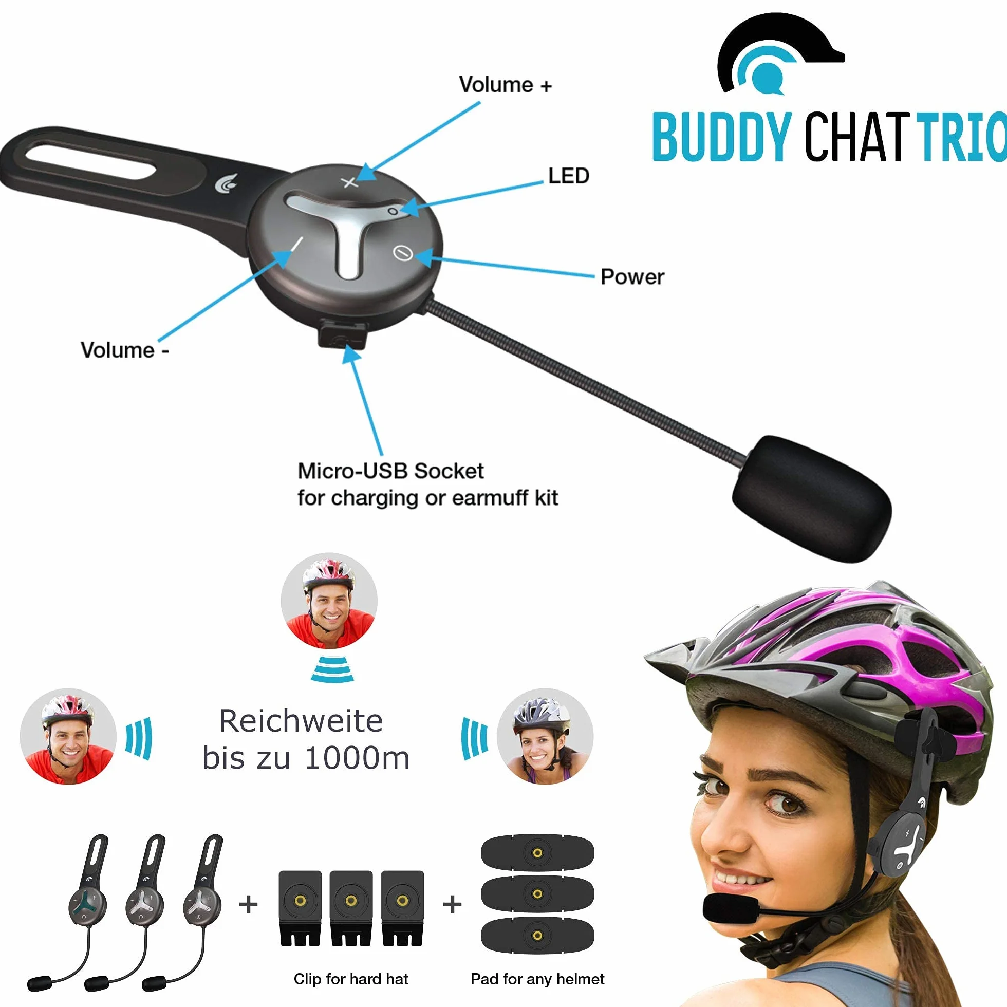 Trio – Citofono con 3 moduli auricolari Bluetooth con portata fino a 1 km – vivavoce con cancellazione del rumore DSP e connessione smartphone