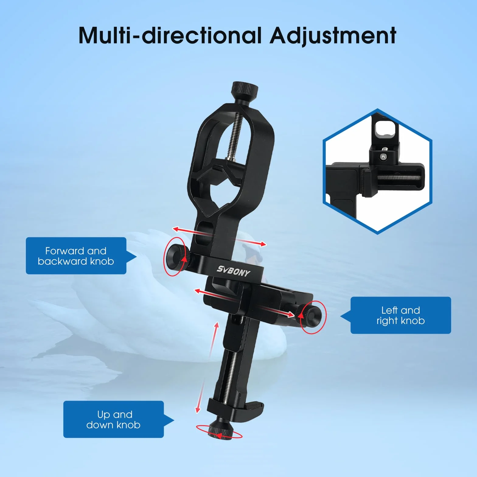 Svbony SV214Pro Adattatore Universale per Telefono, Adattatore per Digiscoping, 3-Assi Adattatore Smartphone per Telescopio, Accessori Compatibile con Spotting Scope Binocoli Monoculare (28-48mm)