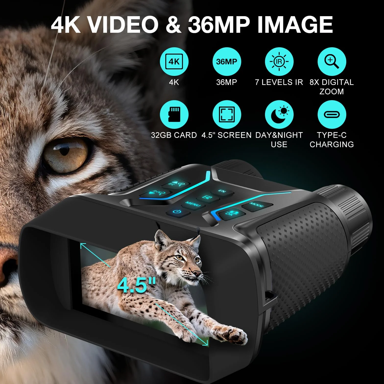 Visore Notturno 4K 36MP Binocolo Visione Notturna Zoom Digitale 8X e Scheda 32GB per Foto e Video, Display HD da 4.5" 7-Livelli Infrarossi Visore Notturno Binocolo Vista 400M per Campeggio