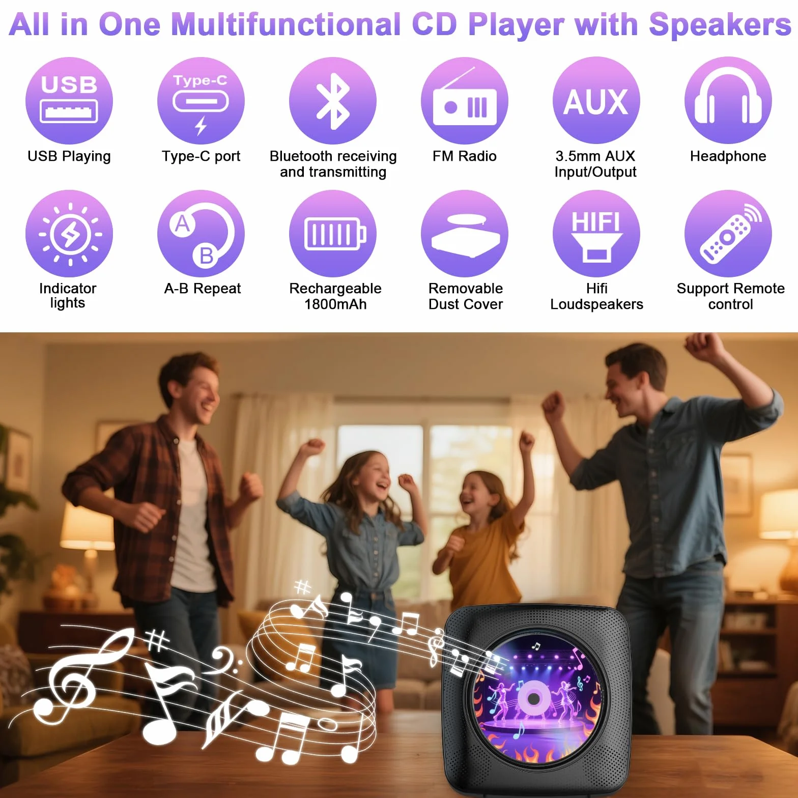 Gueray Lettore CD portatile Hifi Bluetooth con altoparlanti batteria ricaricabile 1800 mAh telecomando radio FM USB AUX Nero