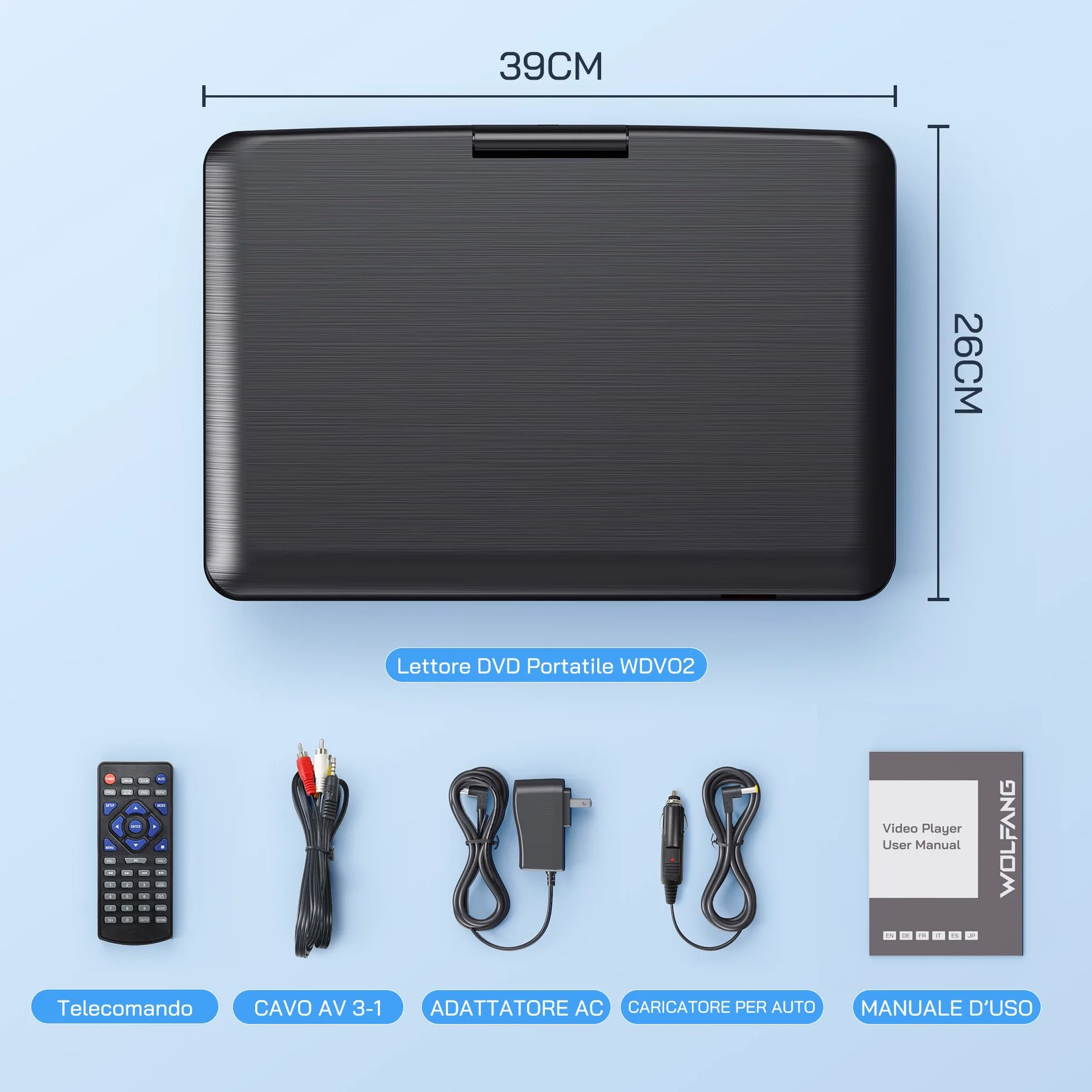 WOLFANG 17,5" Lettore DVD Portatile con 15,6" Display HD, 5000 mAh Batteria, Nessuna Restrizione Regionale