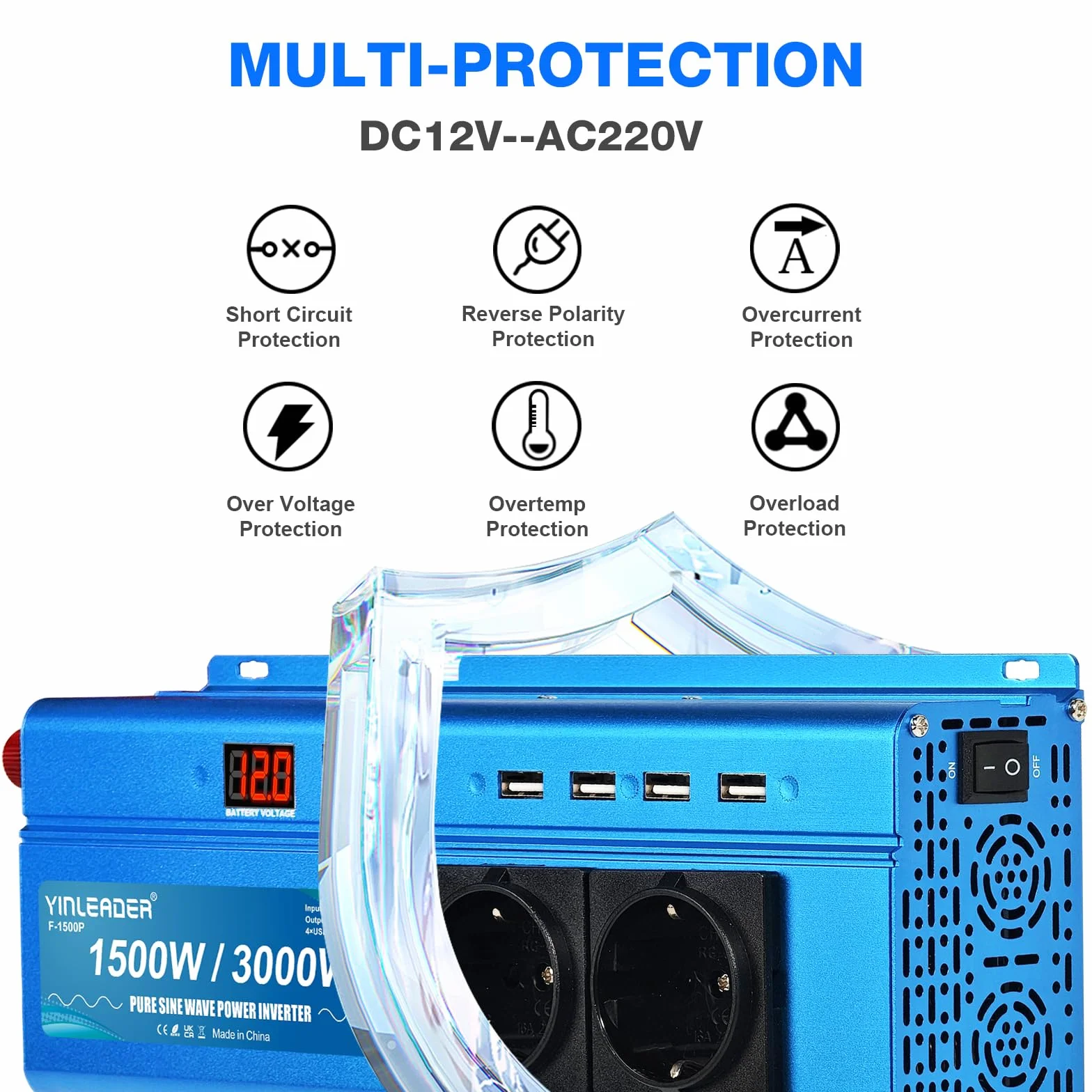Yinleader Power Inverter 12V 230V Onda Sinusoidale Pura 1500 W 3000 W Inverter di Potere 2 LED 2 Prese 4 USB