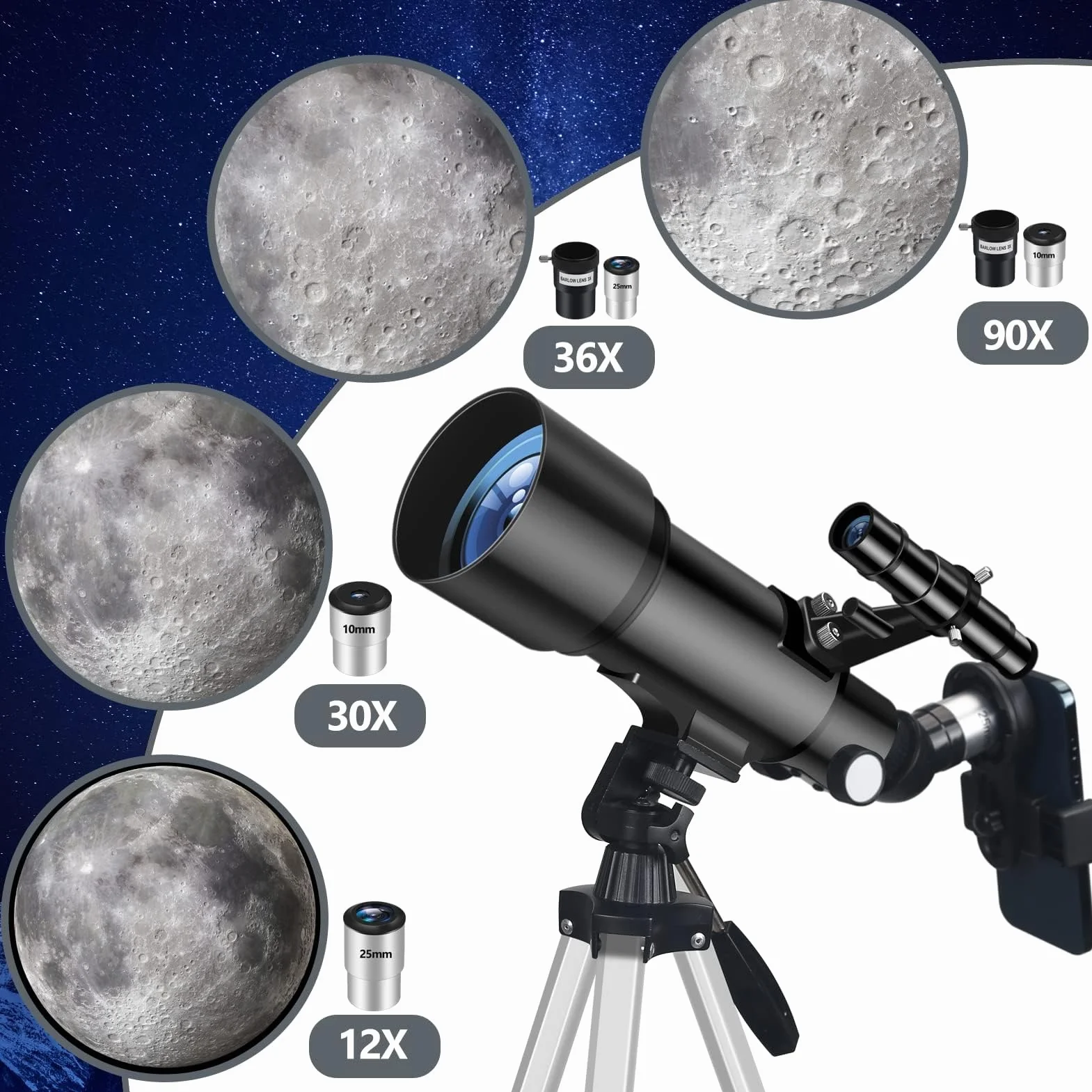 Telescopio, Astronomia Telescopio Professionale 70/400mm per Principianti con Cannocchiale 5 x 24 e Treppiede, Refrattori Telescopi per Bambini Adulti, per Luna Pianeta Guarda(Nero)