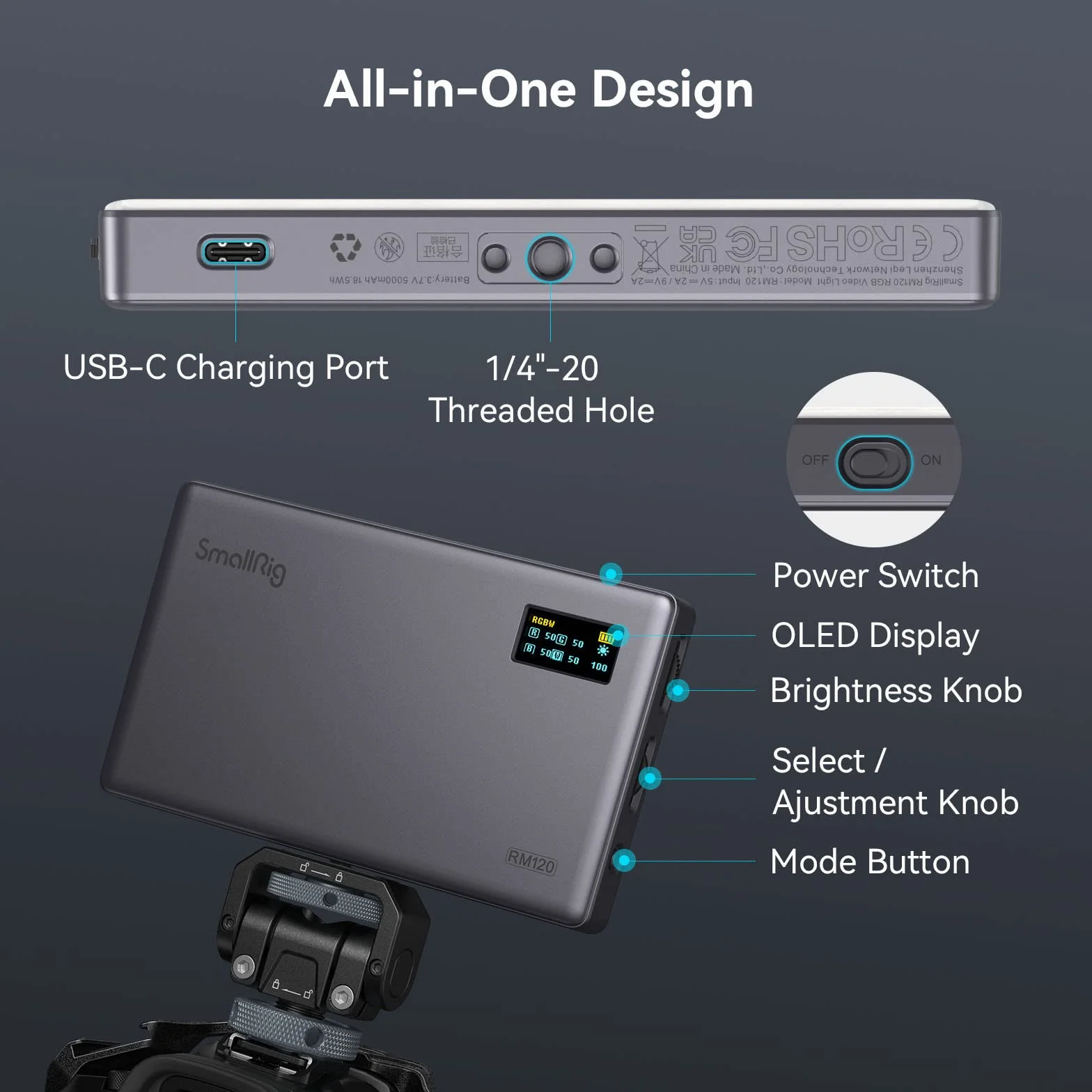SMALLRIG RGB Video Light, RM120 Portatile On Camera Light, 5000mAh 2500K-8500K CRI 98+, Illuminazione per videoconferenza professionale Full Color LED Light Panel per Vlog, Photography - 3808