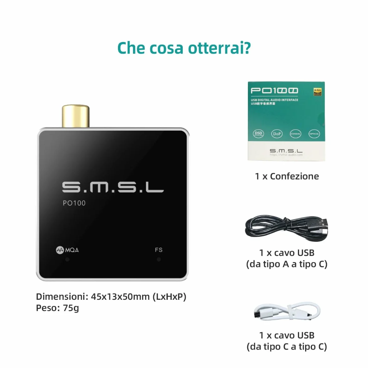 SMSL PO100 192kHz Adattatore Audio USB a Ottico XMOS XU316 Tipo-C SPDIF Coassiale Argentato