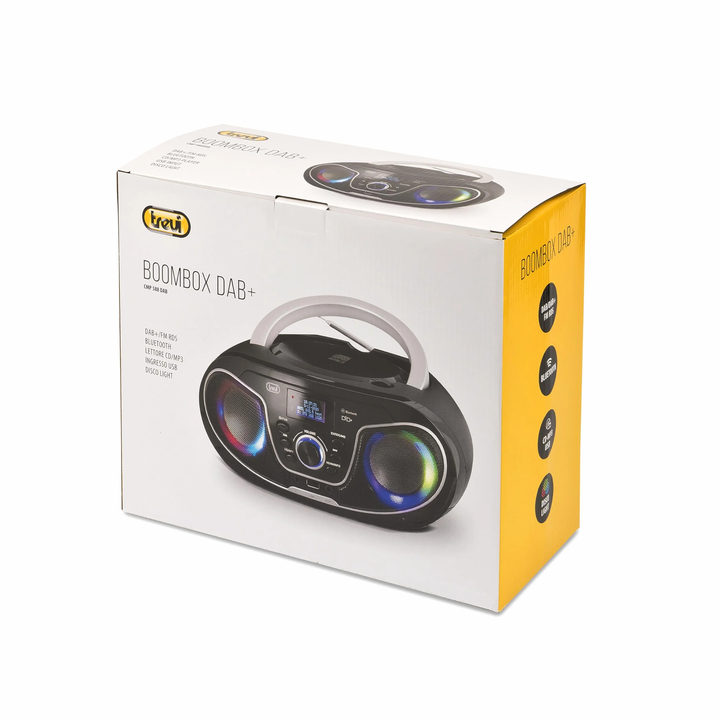 Trevi CMP 588 DAB Stereo Portatile Wireless con Radio Digitale DAB e FM, Boombox con Lettore CD, USB, AUX-IN, Antenna Telescopica, Display ad Alta Leggibilità, Alimentazione a Corrente e Batterie