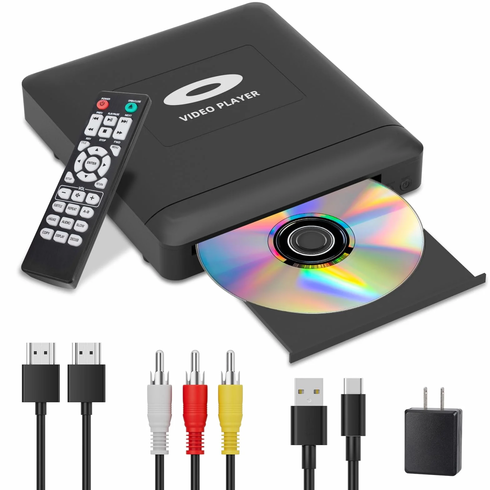 Mini Lettore DVD HD con Porta HDMI, 1080P Lettore DVD per Smart TV, Region Free Connessione, Cavo di uscita integrato PAL/NTSC, HDMI/RCA incluso, Lettore Cd per La Casa