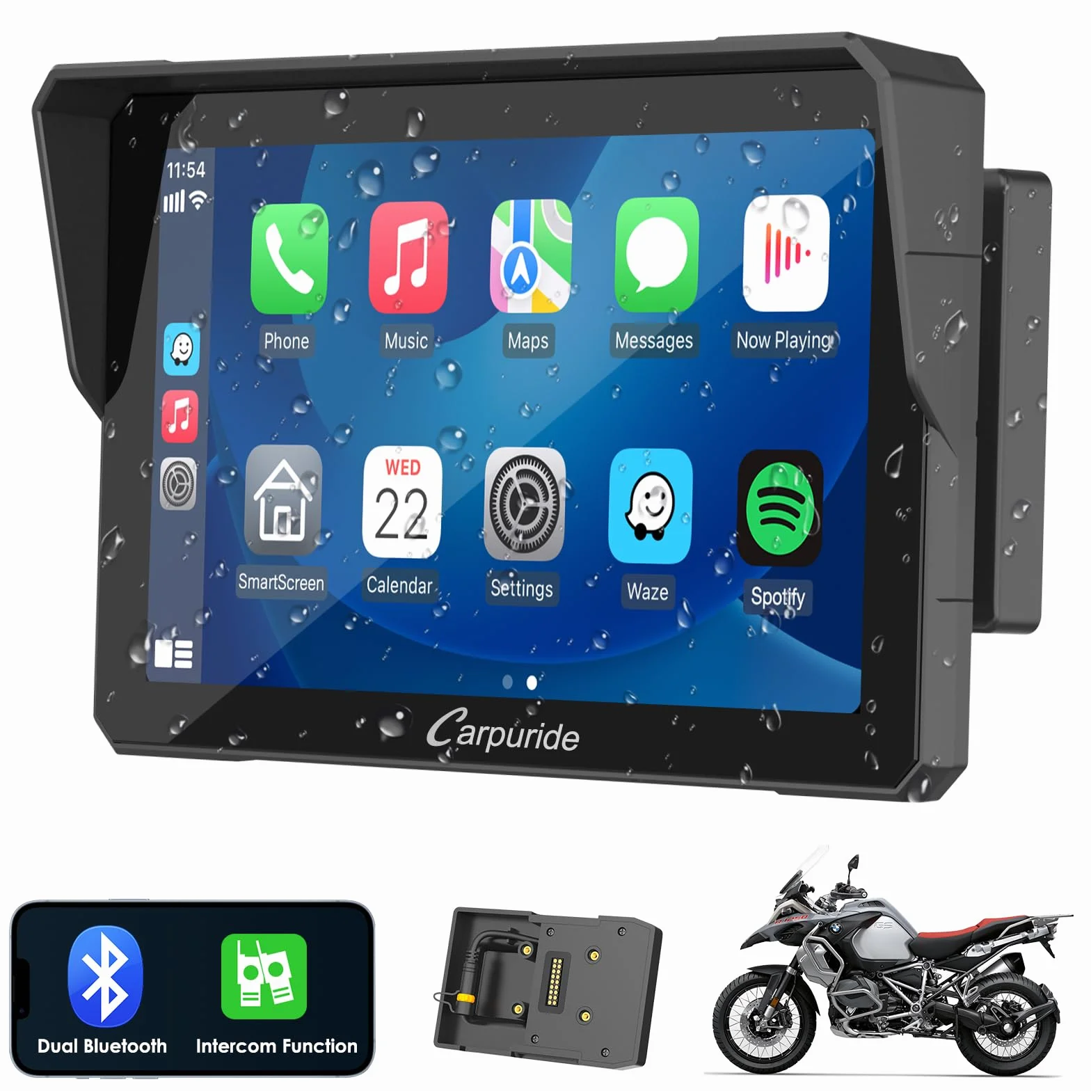 Carpuride W702B Pro Moto Carplay Schermo con Supporto per BMW Moto, Wireless CarPlay e Android Auto, 7 Pollici Impermeabile Touchscreen, Doppio Bluetooth, Interfono Funzione, Navigazione.