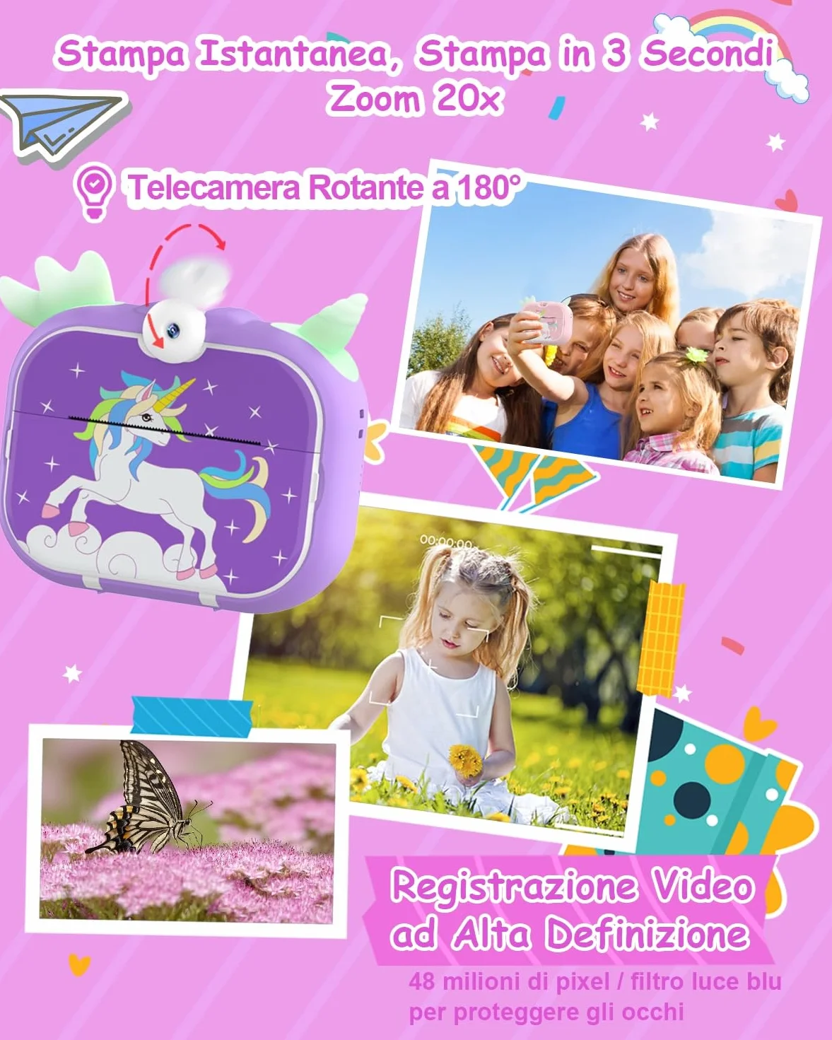 Robofun Macchina Fotografica Istantanea, 2,4 Pollici 1080P 48MP HD 180° Obiettivo Rotante Fotocamera Digitale con 32GB Scheda SD e Carta da Stampa, Regalo per Bambini dai 3-12 Anni - Viola
