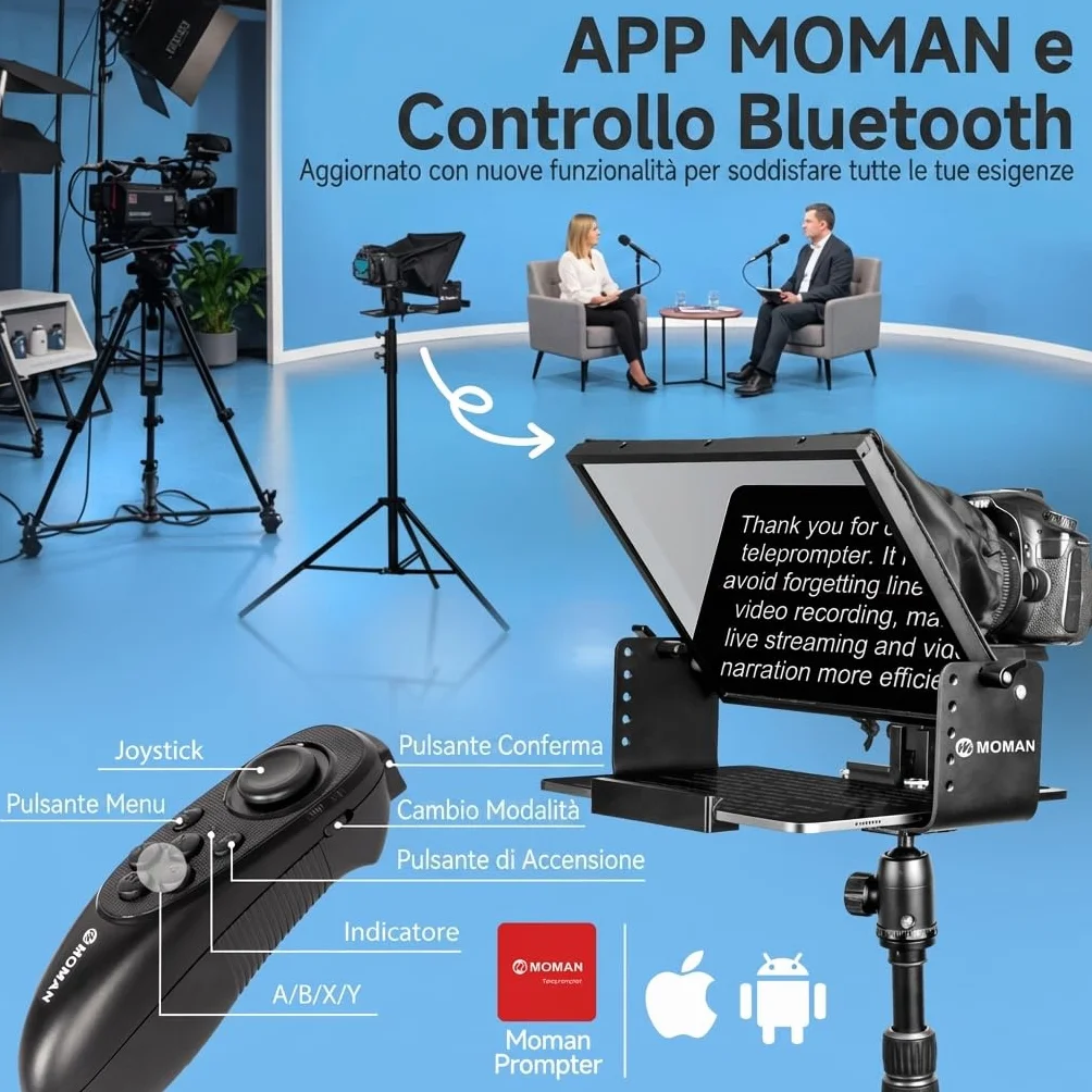Moman MT12 Teleprompter 12.9 Pollici, Prompter Portatile con Telecomando APP e Controllo Remoto, Compatibile con iPad, iPhone, Tablet, Smartphone, Fotocamera DSLR (Supporto Metallico Regolabile)