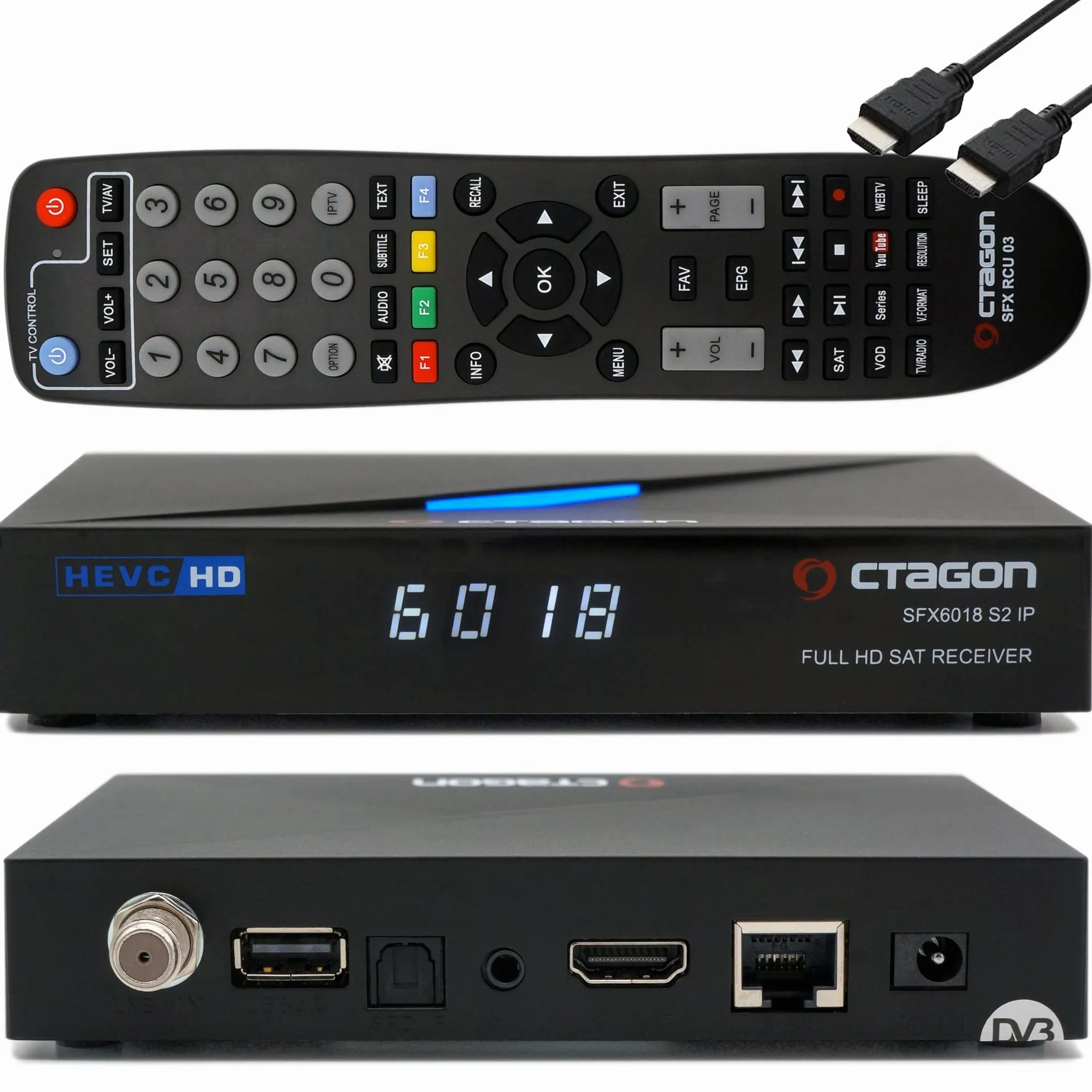 OCTAGON SFX6018 S2+IP H.265 HEVC 1x DVB-S2 HD E2 Ricevitore Linux, ricevitore satellitare, funzione di registrazione, lettore di schede, YouTube, radio, + cavo EasyMouse HDMI