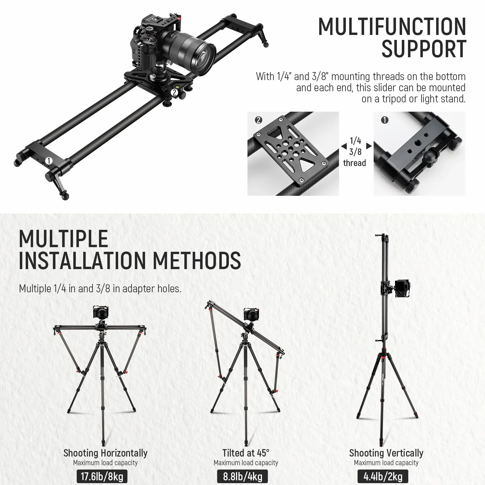 NEEWER 31,5"/80 cm in fibra di carbonio, dolly con tubo più spesso e supporto più stabile, 4 cuscinetti lisci precisi e livellamento per fotocamere DSLR, carico massimo 8 kg, CS80CM