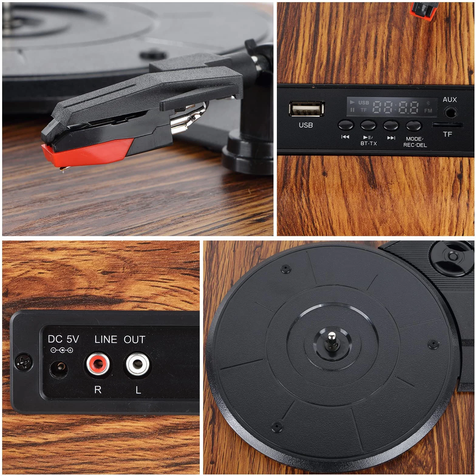 Vosterio Vinile Giradischi Bluetooth Portatile a Tre Velocità,Vintage con Altoparlanti Stereo Integrati, con Uscite RCA, Presa Cuffie, Radio FM, USB, Aux-in e display a LED