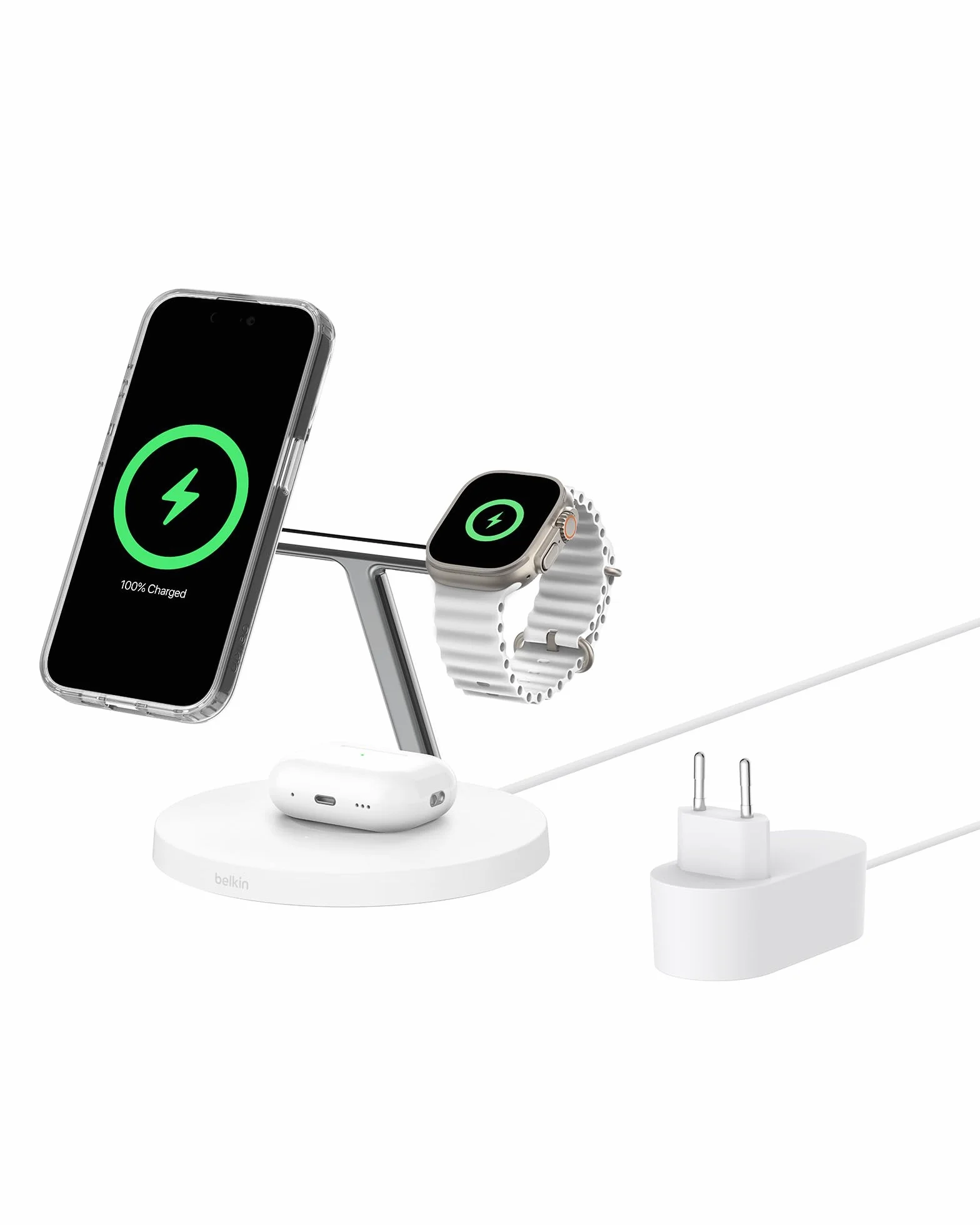 Belkin BoostCharge Caricatore 3 in 1 con Qi2, base di ricarica wireless compatibile con MagSafe, caricatore iPhone 17, Air, Pixelsnap, Apple Watch e AirPods, alimentatore incluso - Bianco