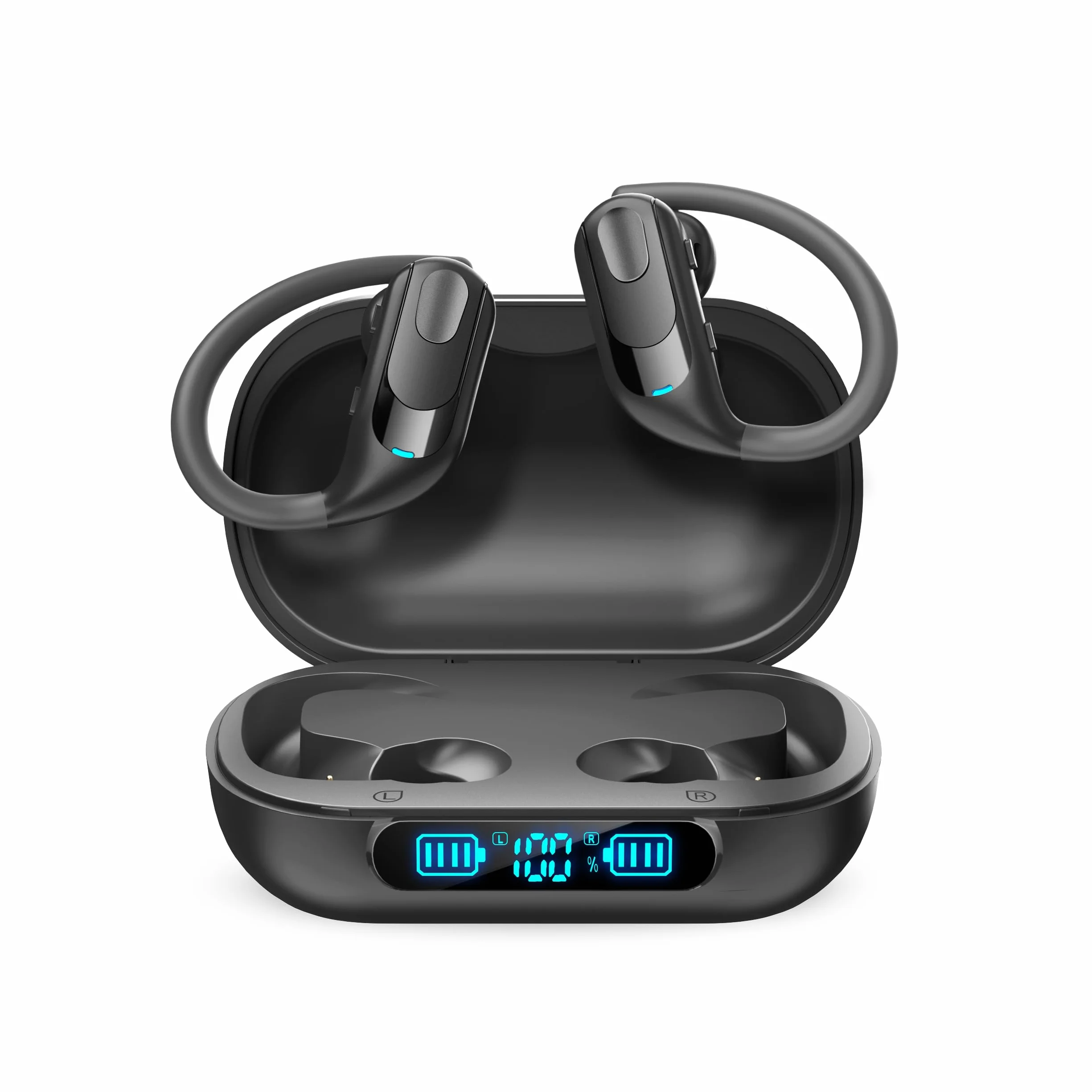 Cuffie Bluetooth 5.3 Auricolari senza fili 130 ore di autonomia Ricarica senza fili Auricolari IPX7 Impermeabili con ganci per orecchie Display a LED per lo sport e la corsa
