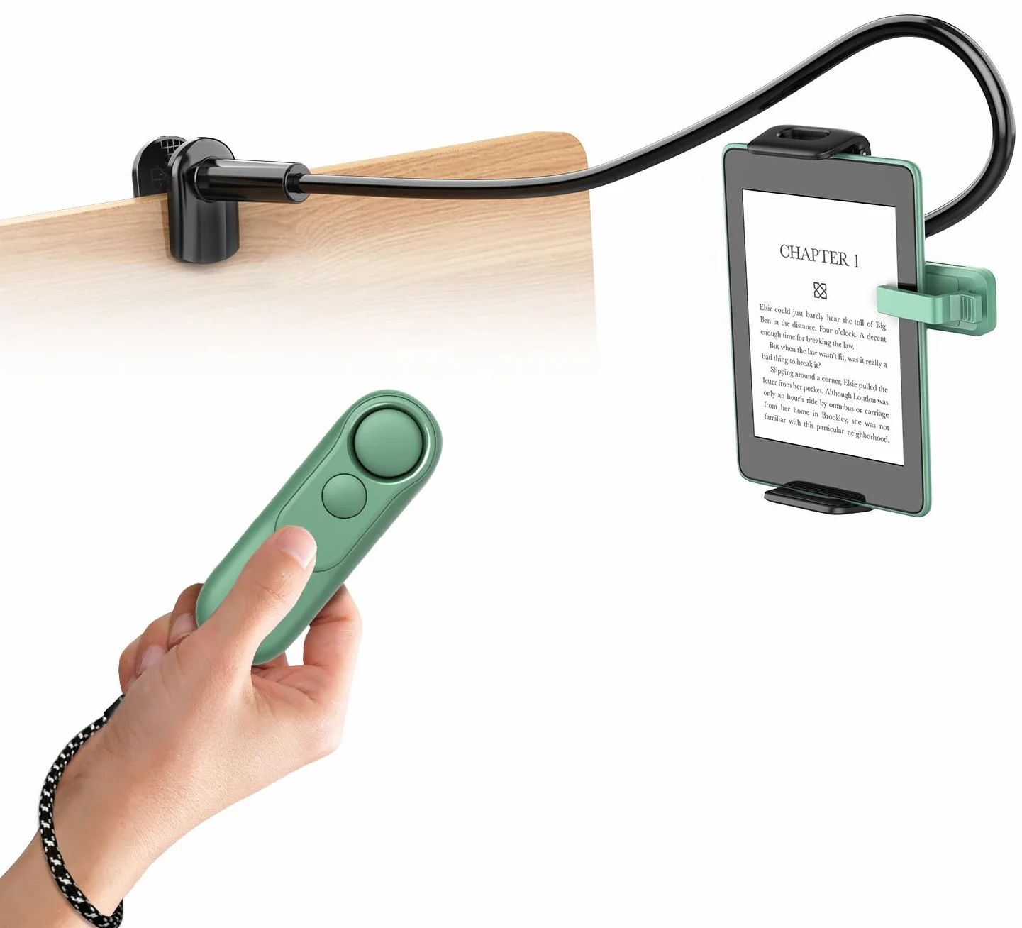 Supporto per Kindle con Telecomando Pagina Turner HKRC004 Verde, Regolabile per Lettura a Letto, Compatibile con Kindle iPad Tablet